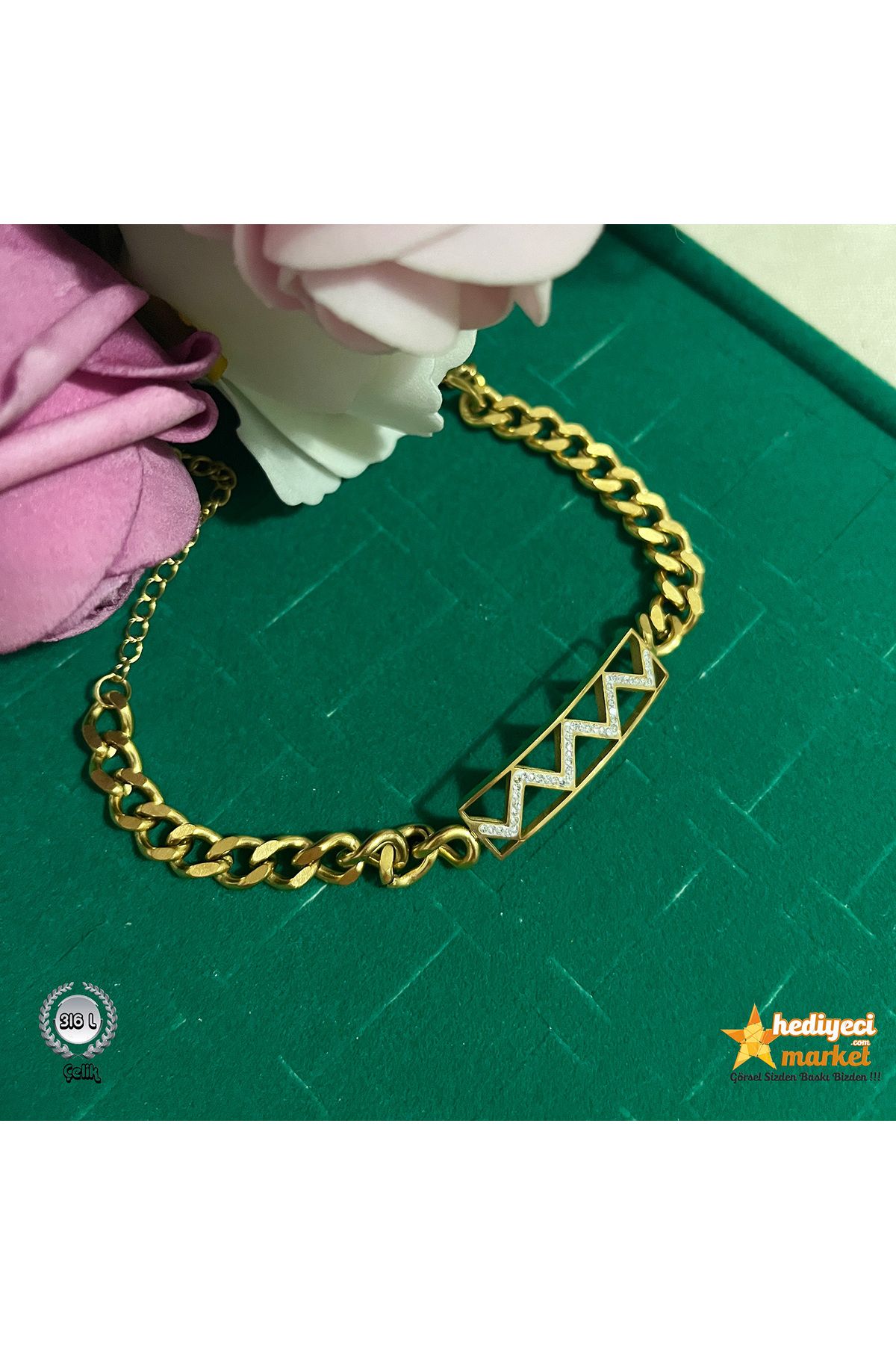 Hediyeci Market 316 L - Paslanmaz Çelik Gold Taşlı Kuyumcu Model Bileklik - HMÇB-0101