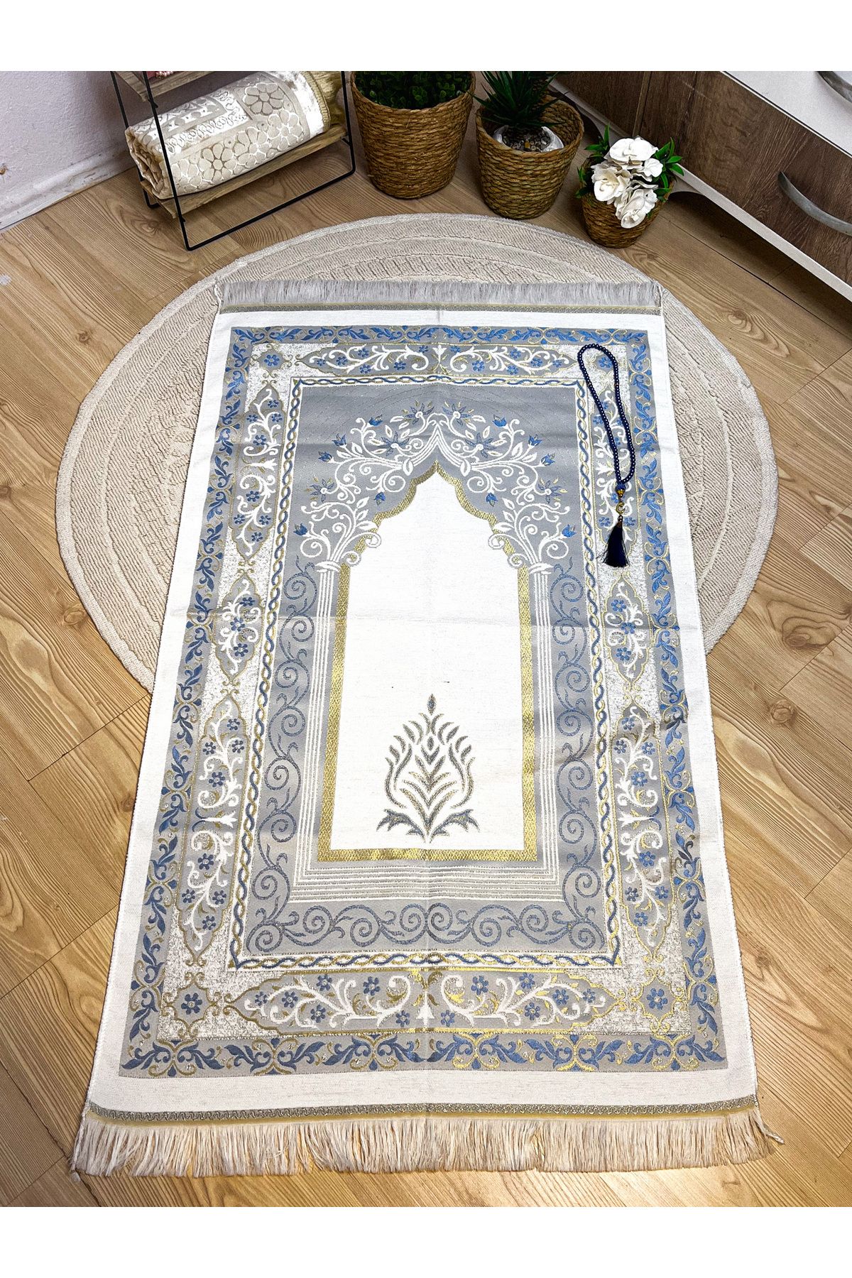 Mios Store Çiçek Desenli Simli Seccade Bohçalık Umre   Çeyizlik