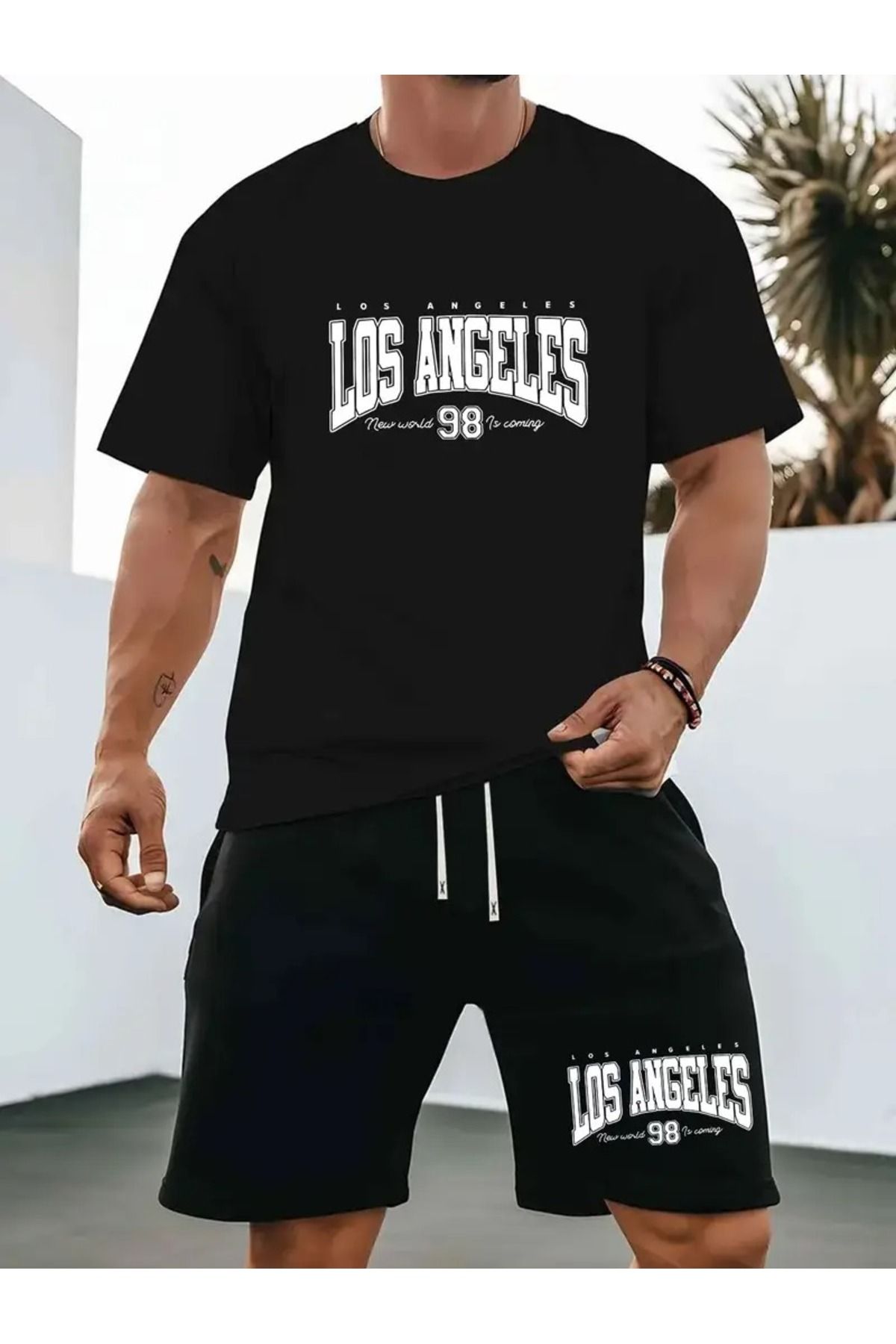LAND MODA Yeni Yaz Erkekler' için Rahat Spor ve Eğlence Kıyafeti Yuvarlak Yaka T-Shirt Kısa Kollu + Şort, Örgü
