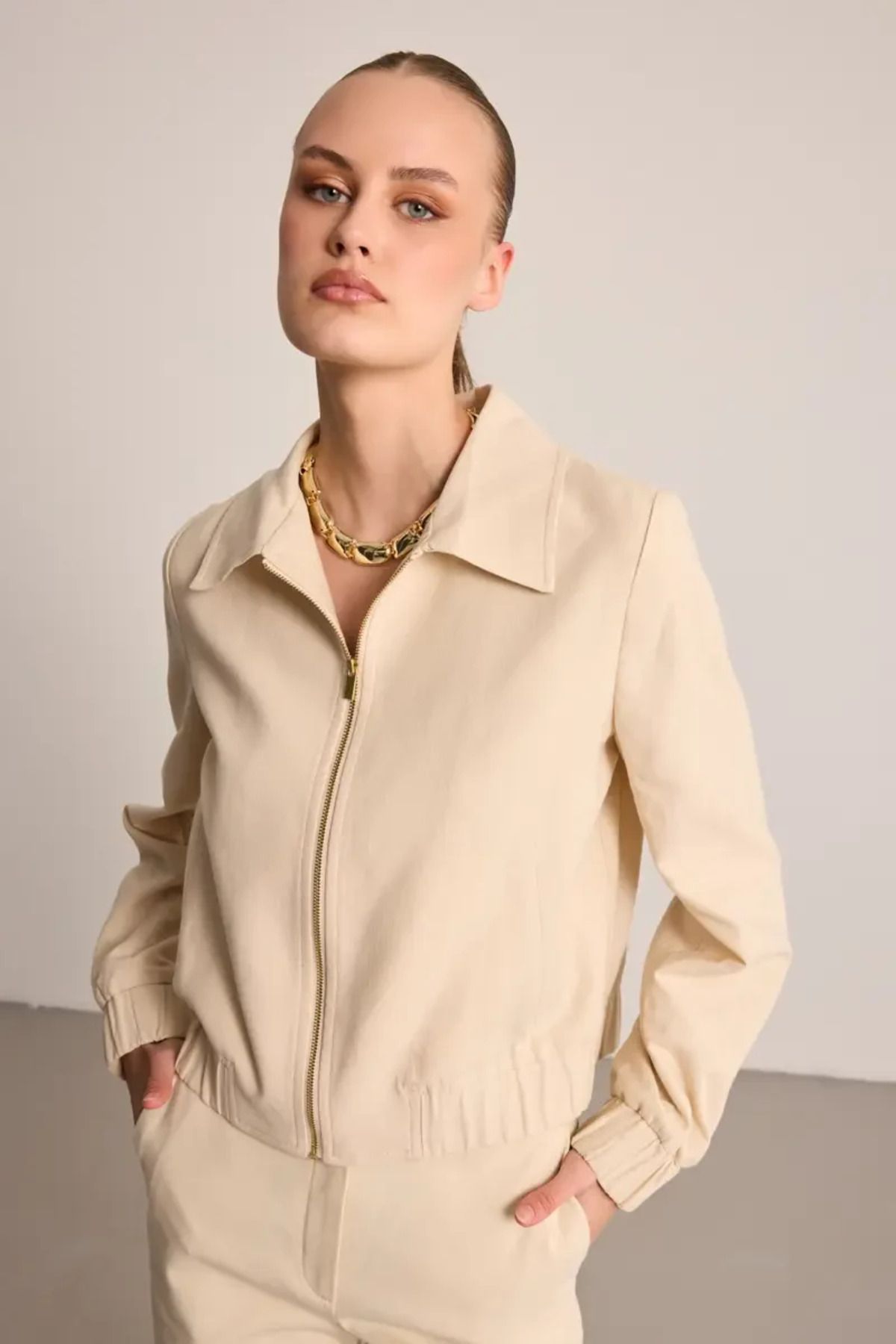 Gusto Keten Bomber Ceket - Ekru