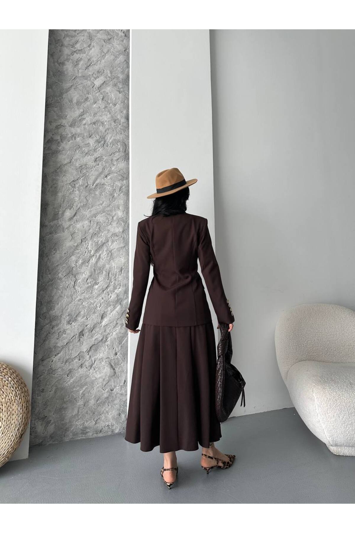 Women's Gold Button Skirt Suit Brown - Görsel 6