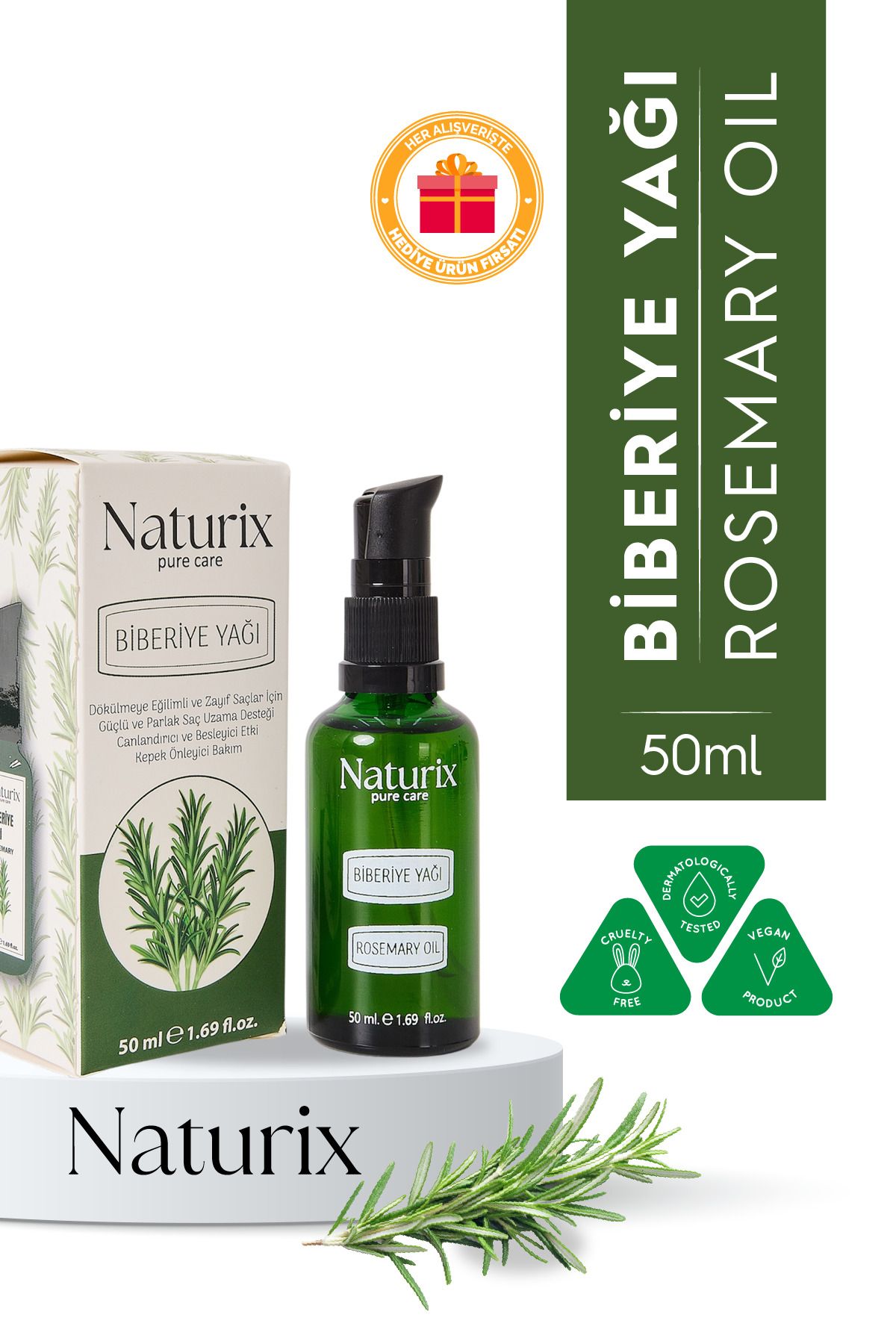 Naturix Biberiye Yağı %100 Doğal Dökülme Karşıtı, Saç Uzamasını Destekleyici ve Kepek Önleyici - 50 ml