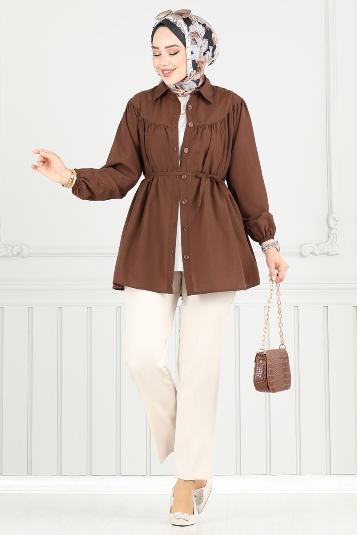 Modaselvim Beli Bağcıklı Tesettür Tunik 184ASN888 Kahve