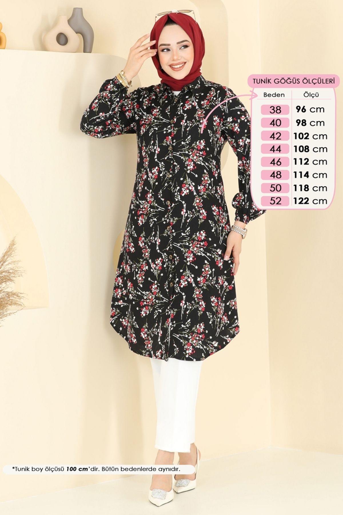 Modaselvim Çiçek Desen Viskon Tunik 0174BG354 Siyah