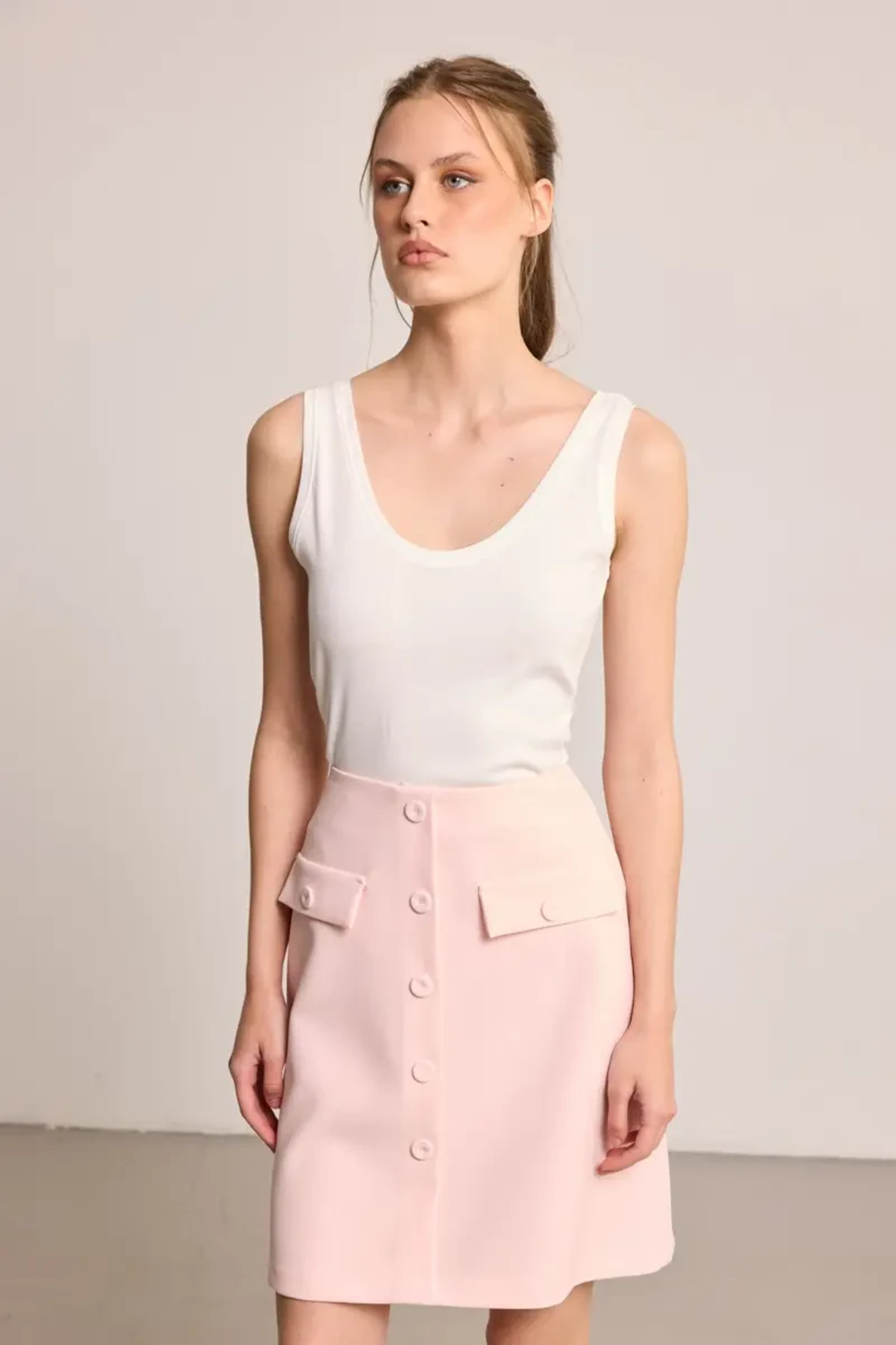 Gusto Düğmeli Mini Etek - Pembe görsel 3