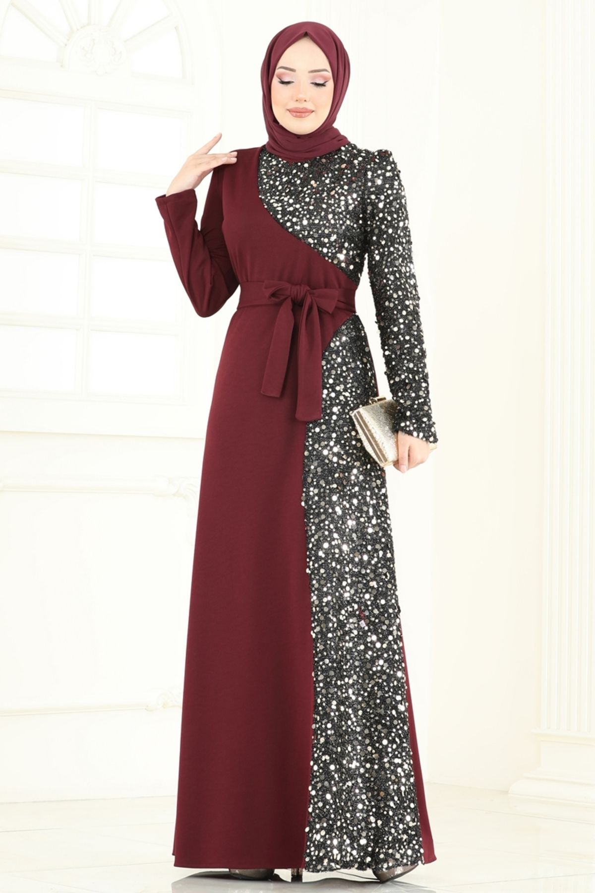 AHSEM KAYA Pul Payet Detay Abiye Elbise 2808ASMK1074 Bordo
