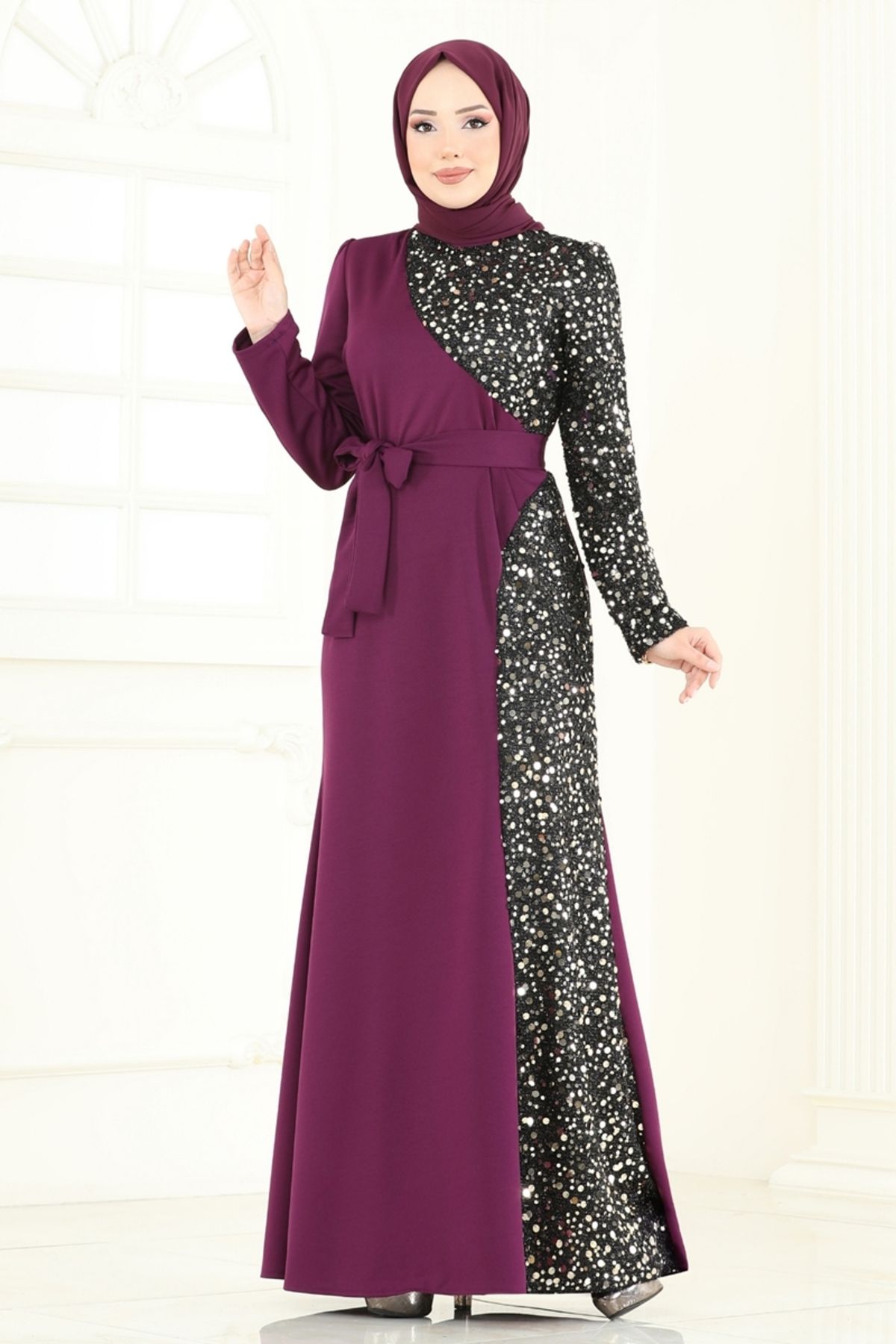 AHSEM KAYA Pul Payet Detay Abiye Elbise 2808ASMK1074 Mor