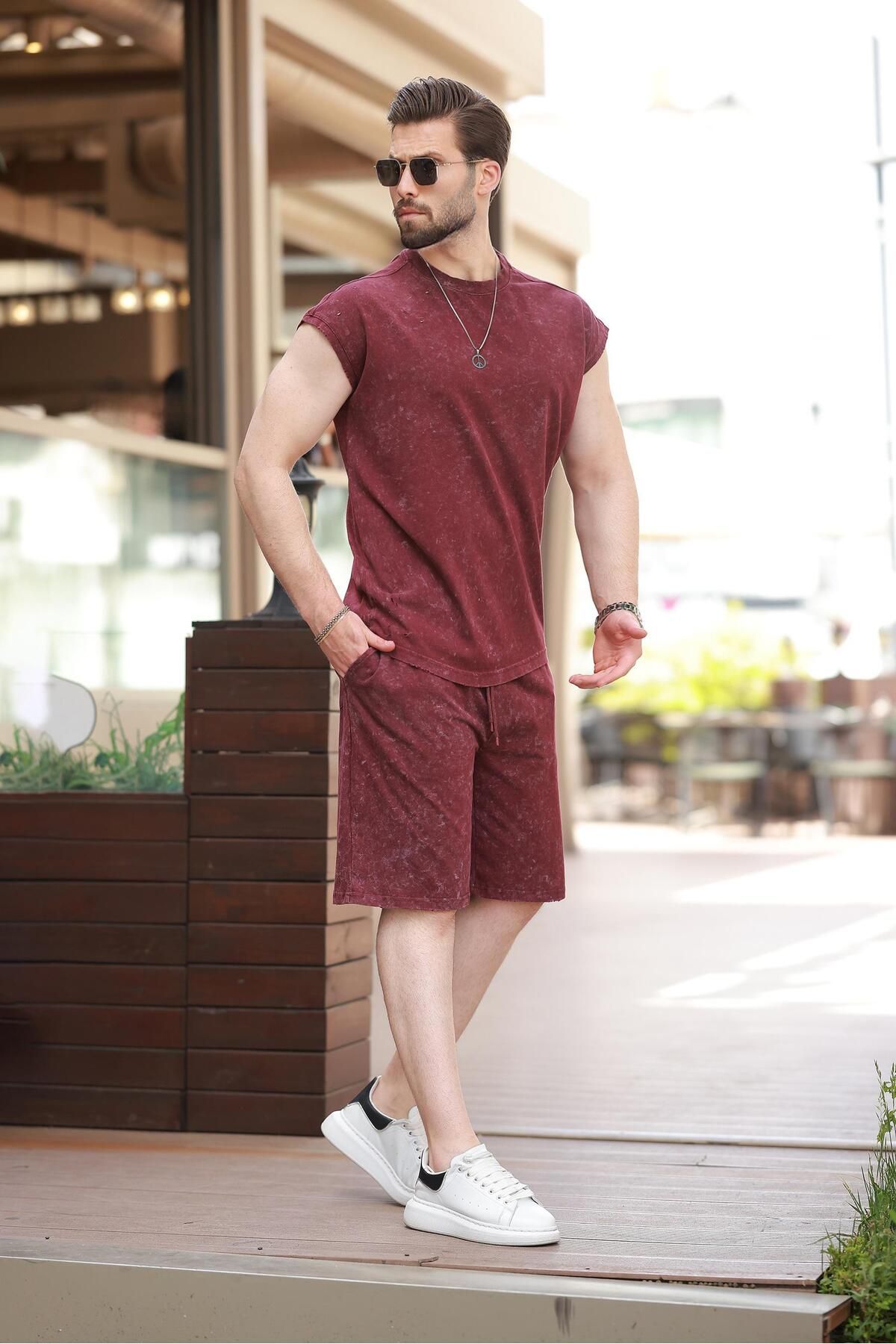 Madmext Bordo Basic Erkek Yırtık Detaylı Şort T-shirt Takım E7319