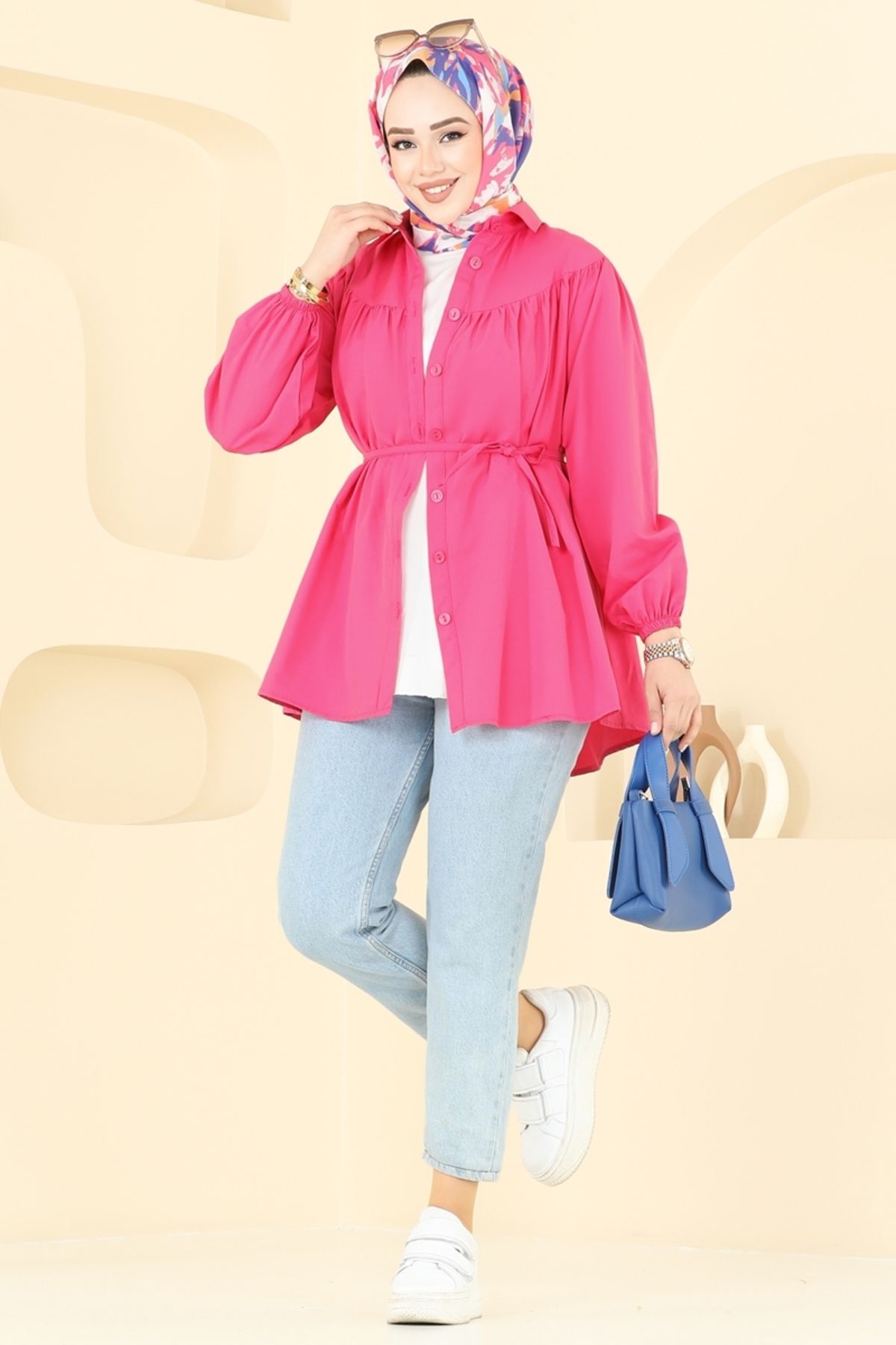 Modaselvim Beli Bağcıklı Tesettür Tunik Fuşya