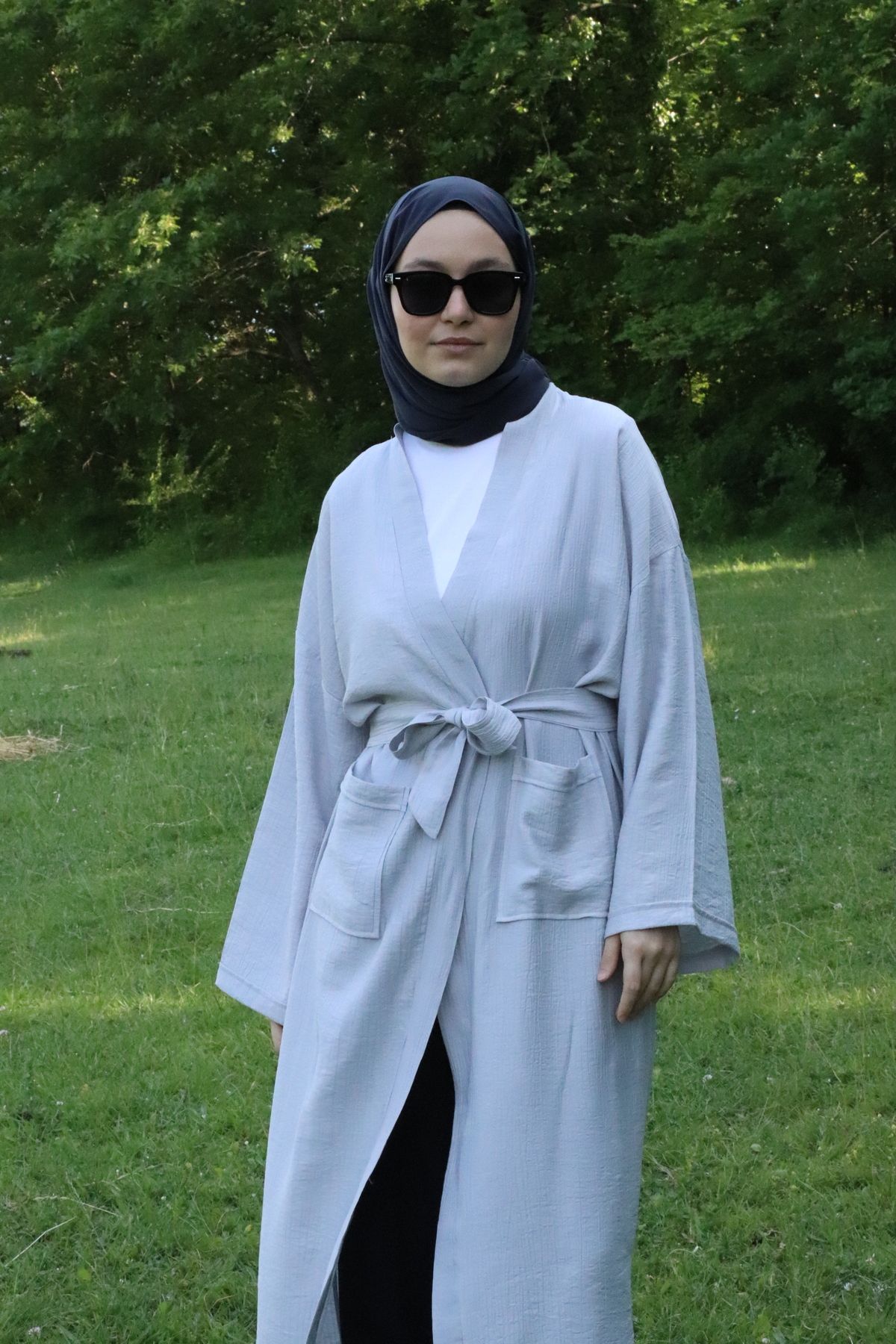 ilmek 5301 Kadın Cepli Kemerli Uzun Kimono Gri