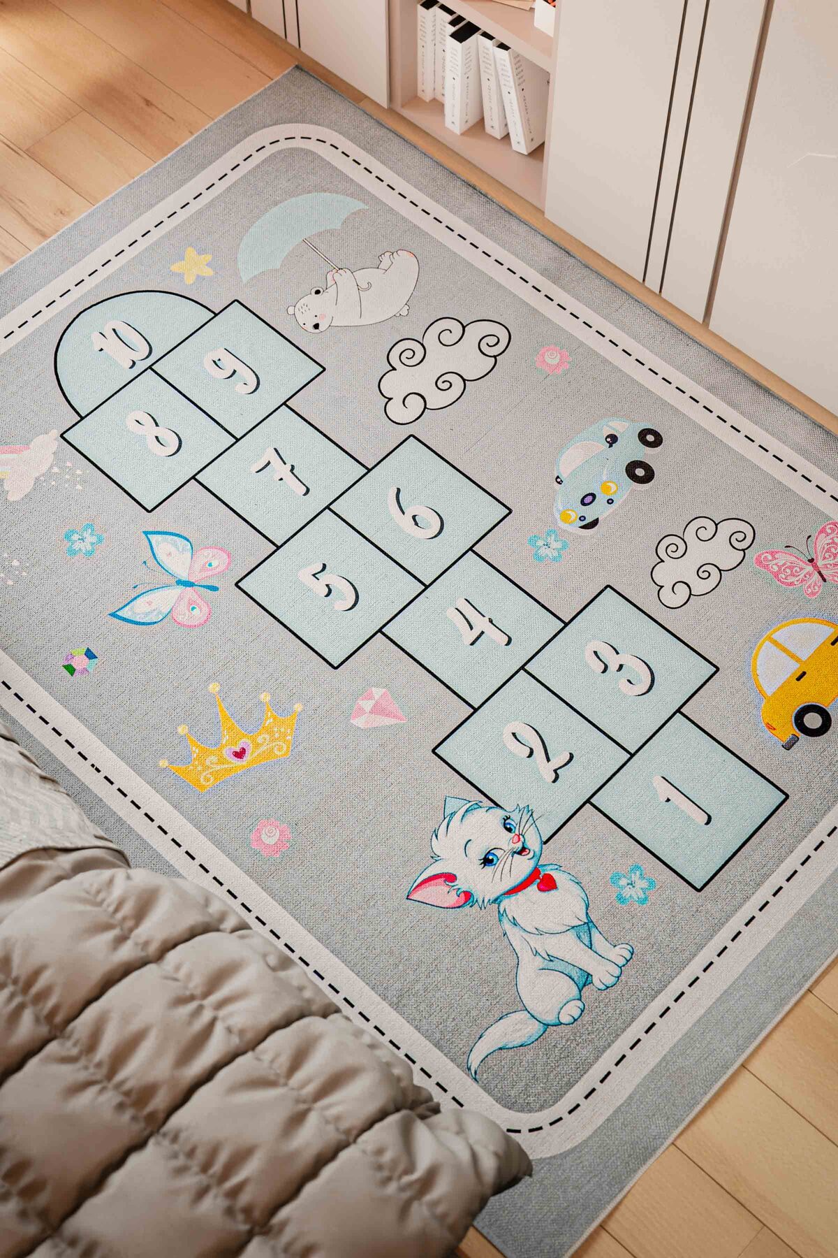 Serente Home Seksek Desenli Anti-bakteriyel Kaymaz Taban Şönil Mavi Gri Çocuk Oyun Halısı 4175