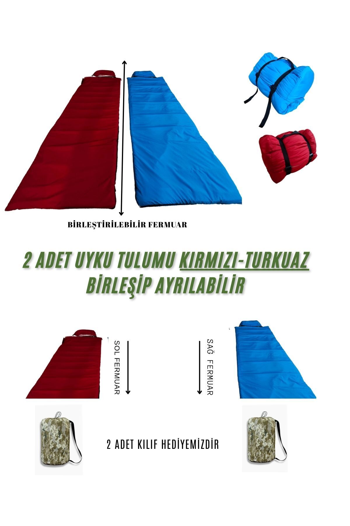 Med Online Çift Kişilik 2'li Birleşip Ayrılabilir Takım Uyku Tulumu (-25) Mikro Su Itici Kamp (2.15×1.50)
