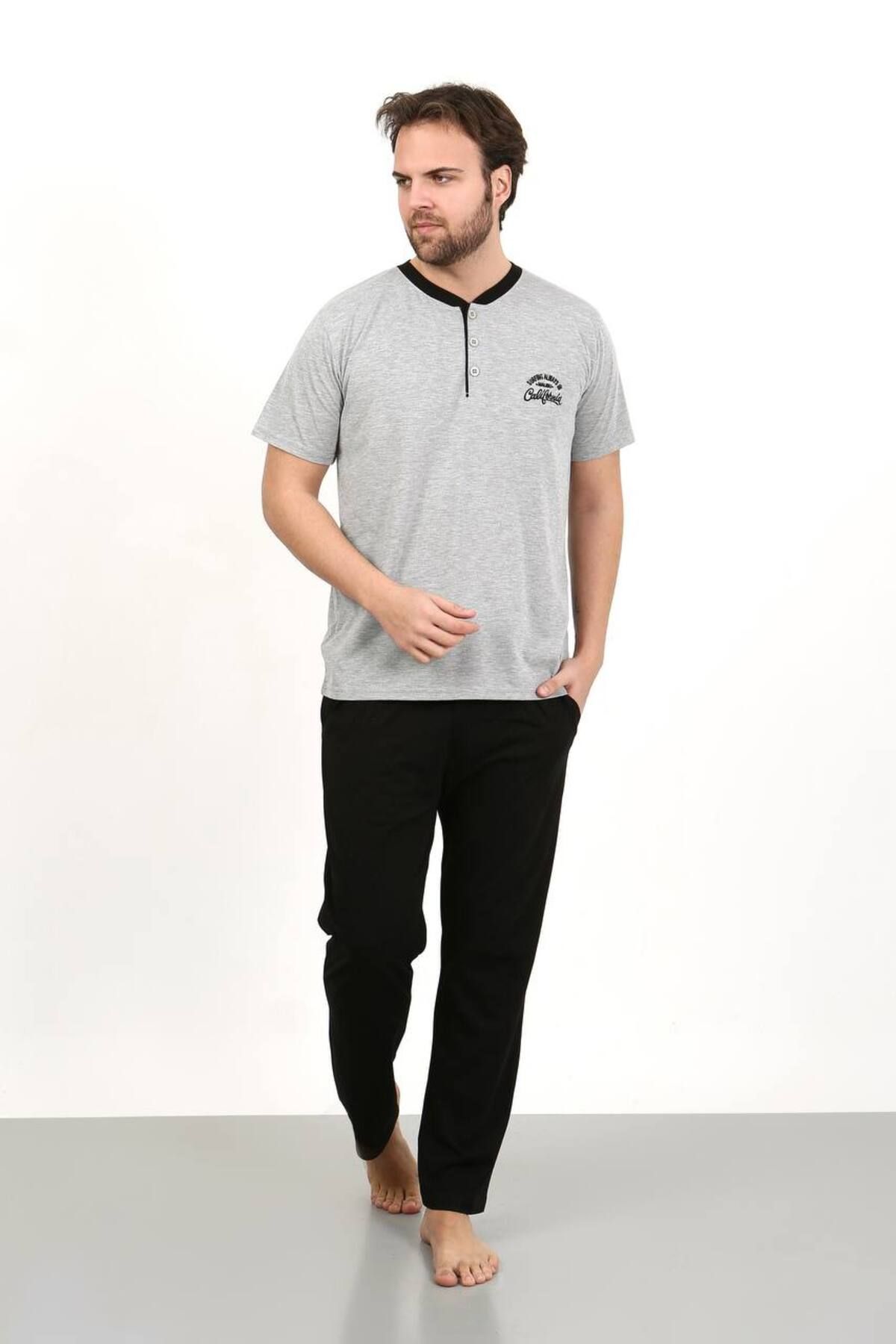 dealp Erkek Lacivert %100 Pamuk Cepli Yaka Düğmeli Nakış İşlemeli Yazlık Pijama Takımı