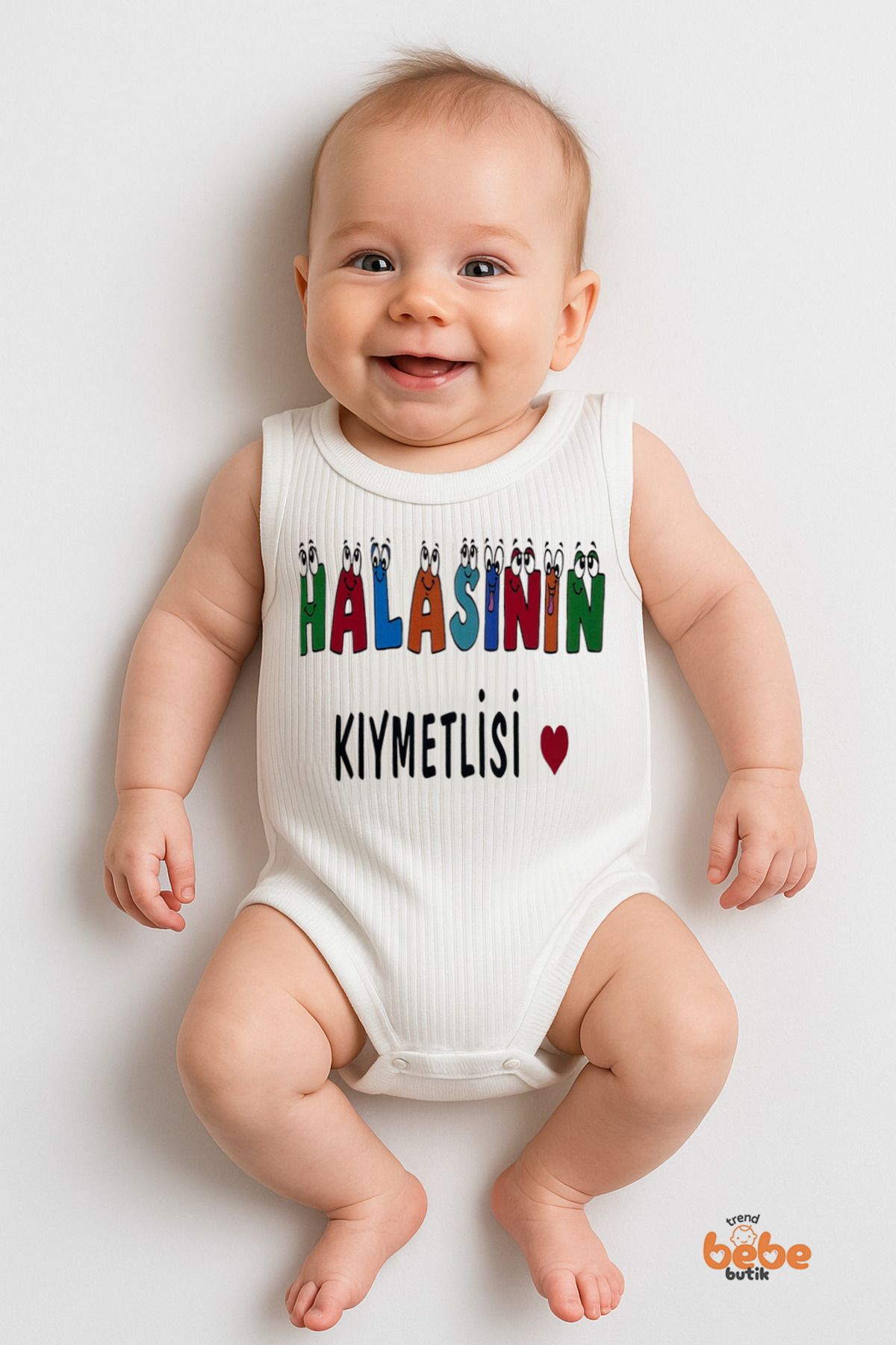 Trend Bebe Butik HALASININ KIYMETLİSİ Yazılı 6-36 Ay %100 Pamuk Ribana Çıtçıtlı Zıbın Bebek Body Tulum