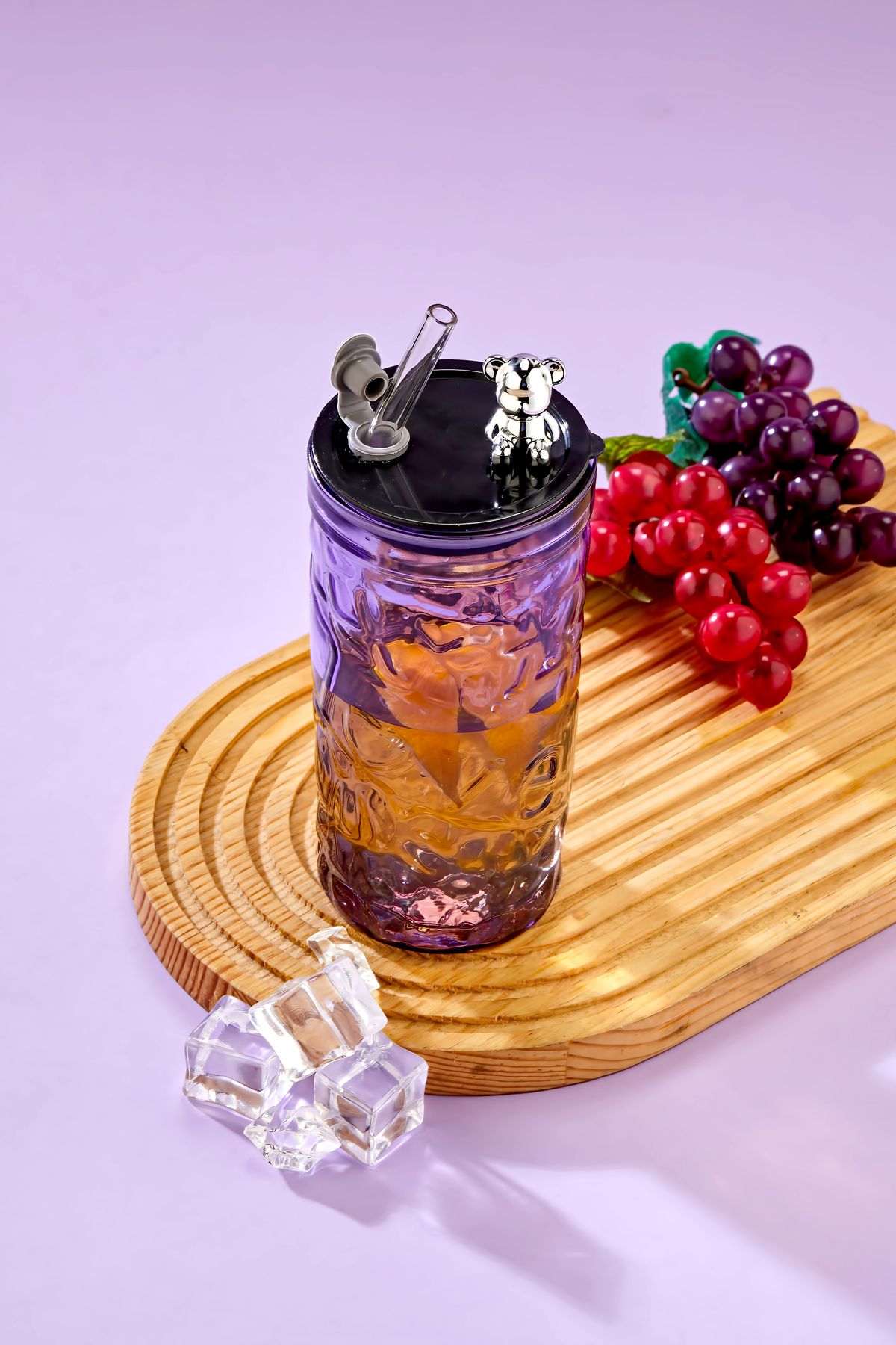 Espas Home Ayıcık Figürlü - Pipetli Meşrubat Bardağı / 420 ml / Mor - Tekli