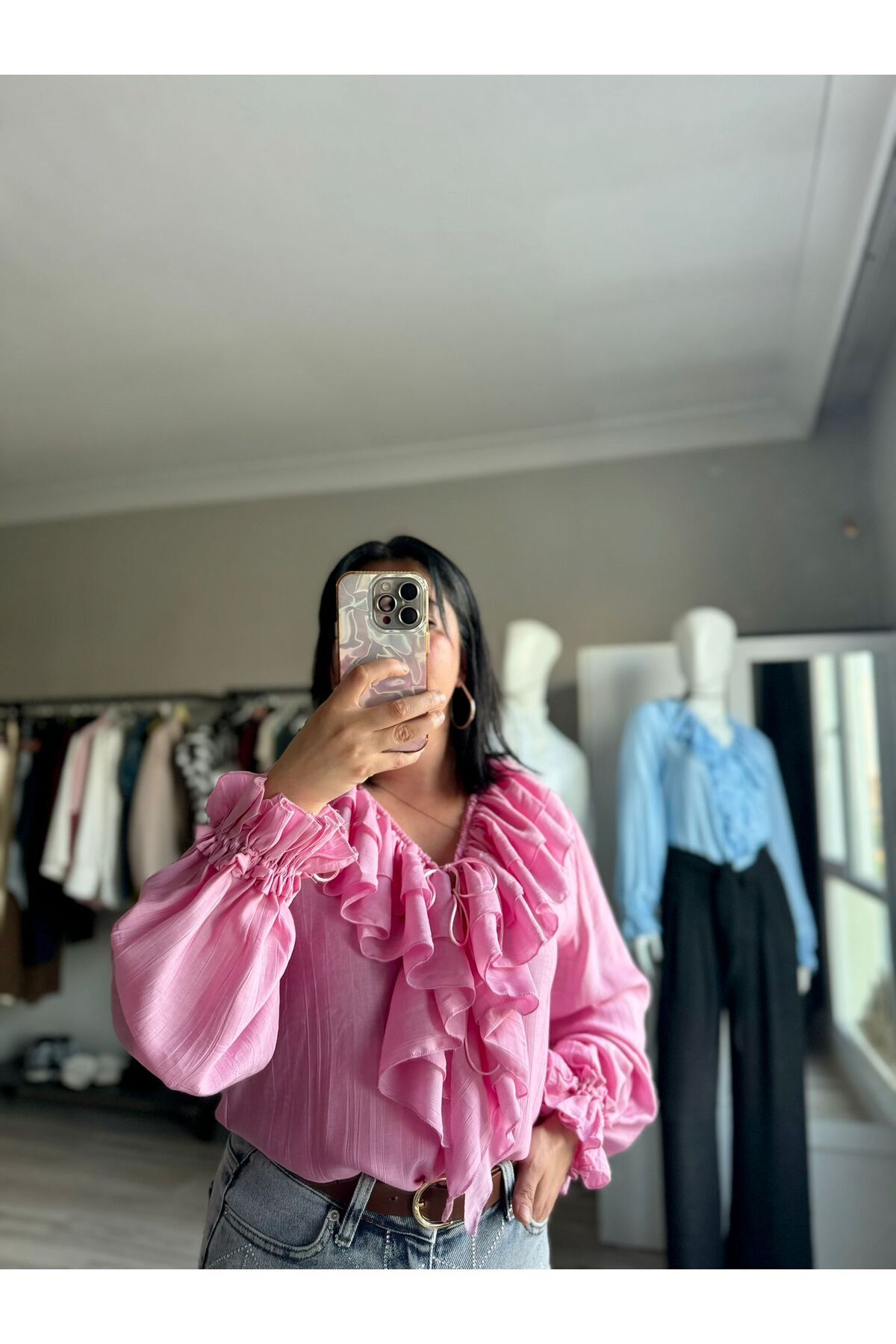 NİSSHABUTİK Pembe fırfır yaka İsveç gömlek