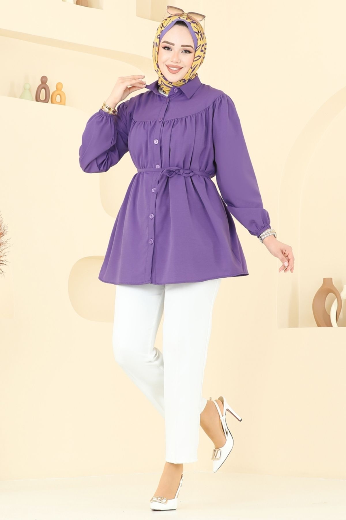 Modaselvim Beli Bağcıklı Tesettür Tunik 184ASN888 Lila