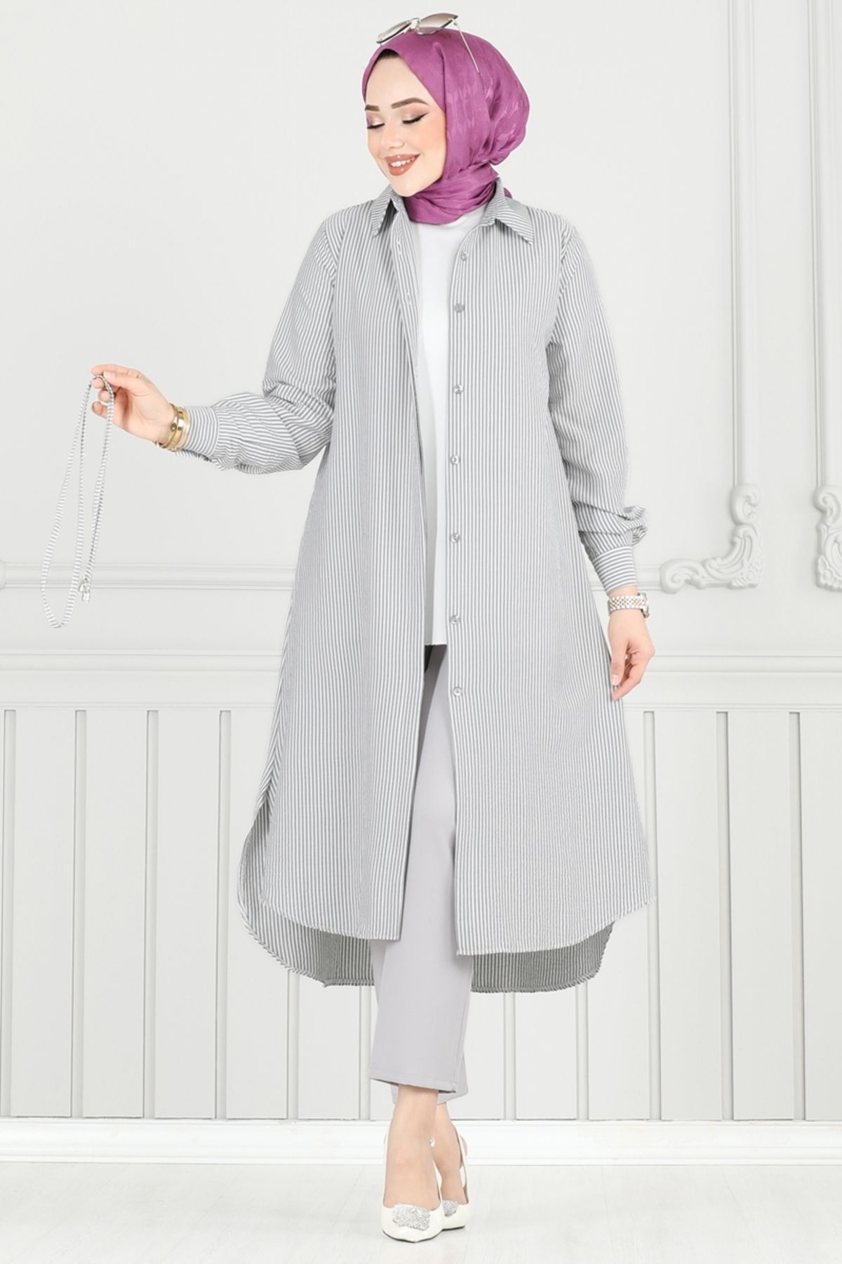 Modaselvim Beli Bağcıklı Çizgili Tunik 3106HBS856 Siyah