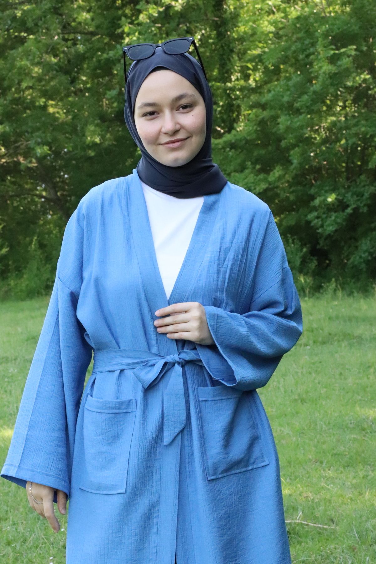 ilmek 5301 Kadın Cepli Kemerli Uzun Kimono İndigo