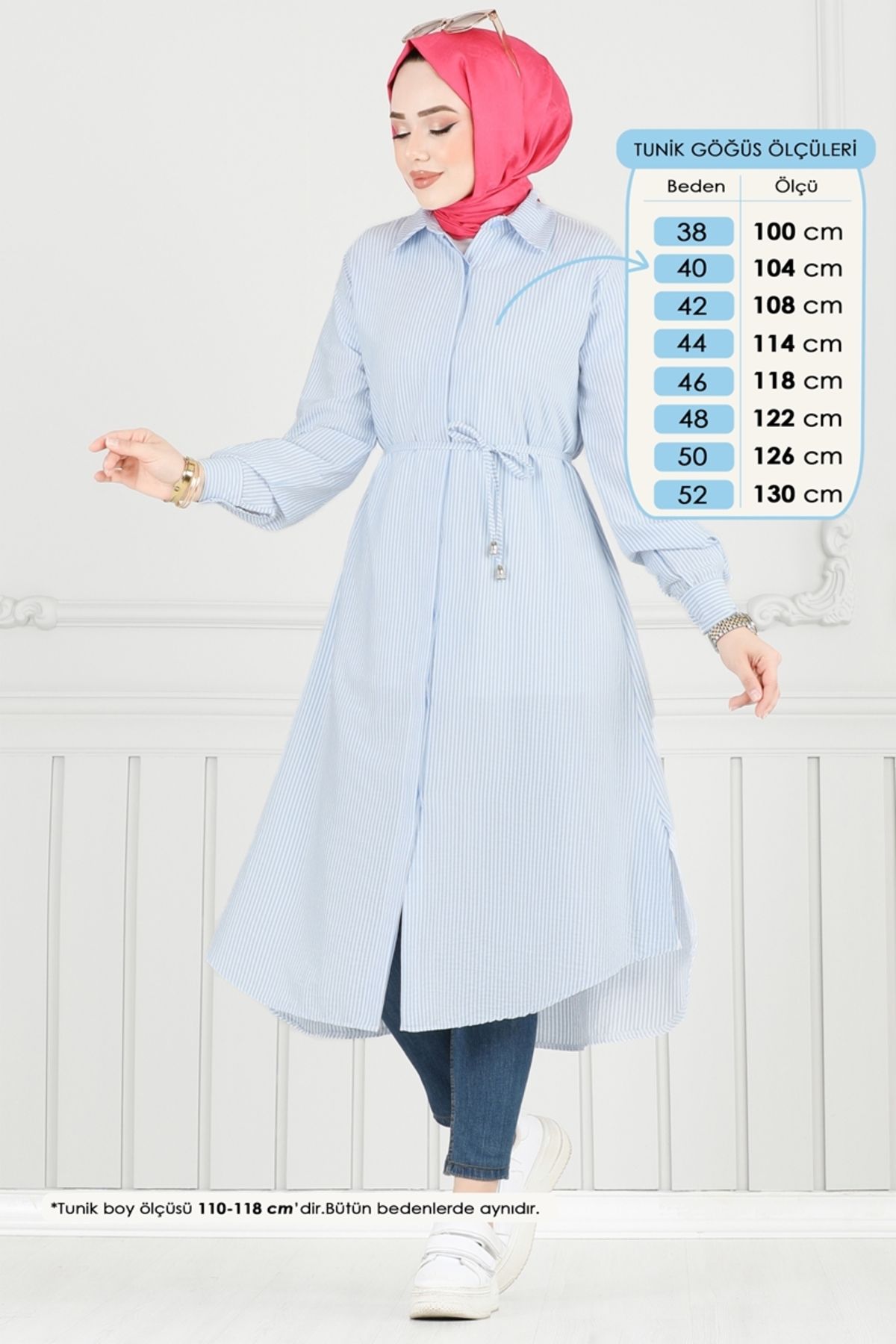 Modaselvim Beli Bağcıklı Çizgili Tunik 3106HBS856 Mavi