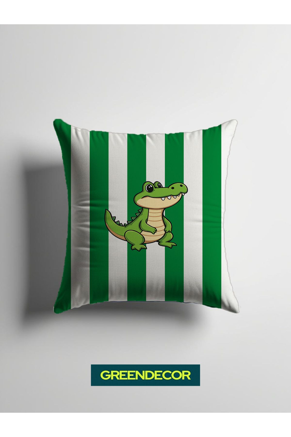 GREENDECOR Yeşil Beyaz Timsah Özel Tasarım Desenli Kırlent Dijital Baskılı (İçi dolu) Çocuk Odası Fermuarsız