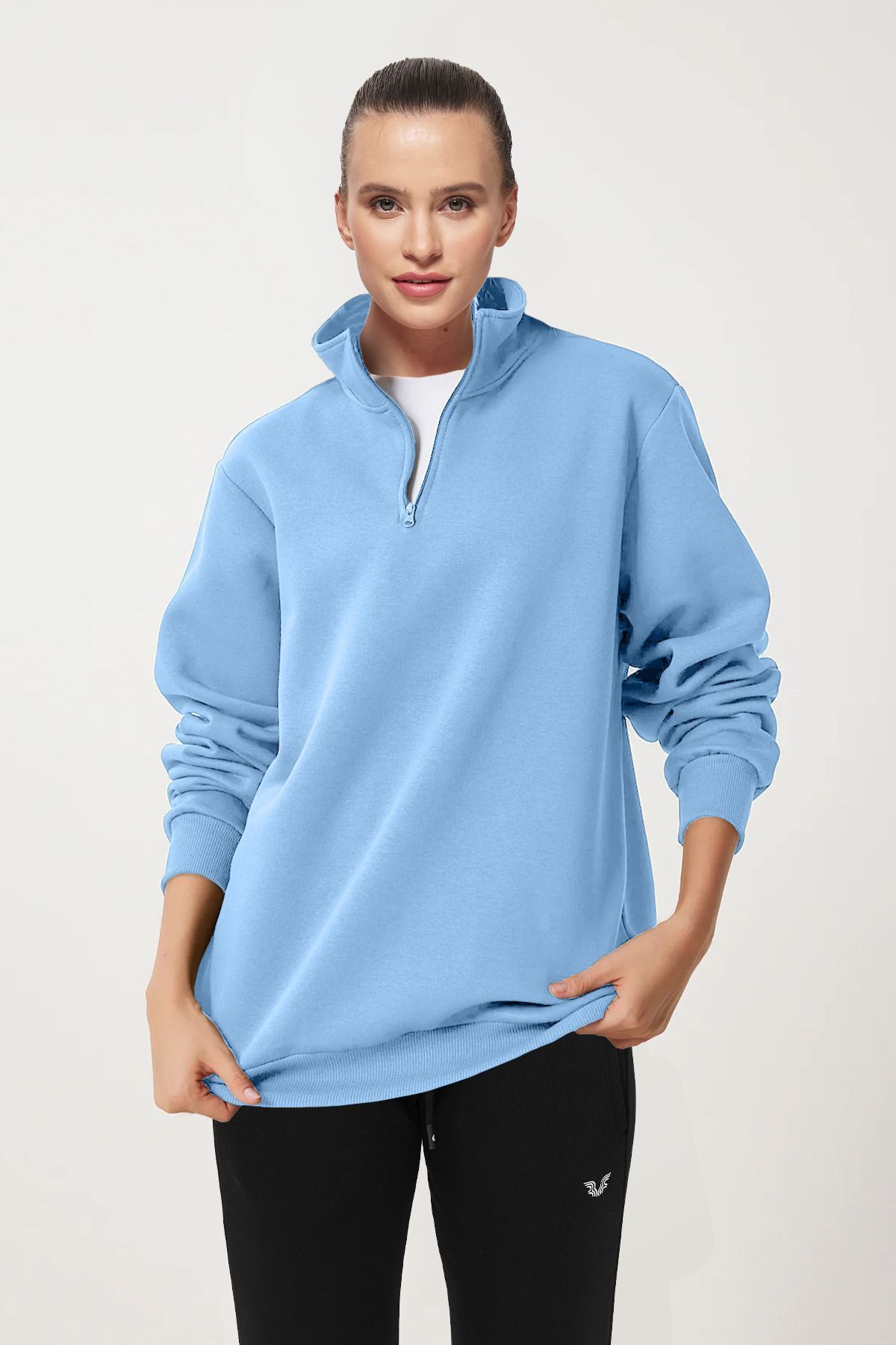 aradimtaradim Peak Kadın Mavi Oversize Fermuarlı Yaka Sweatshirt 7012