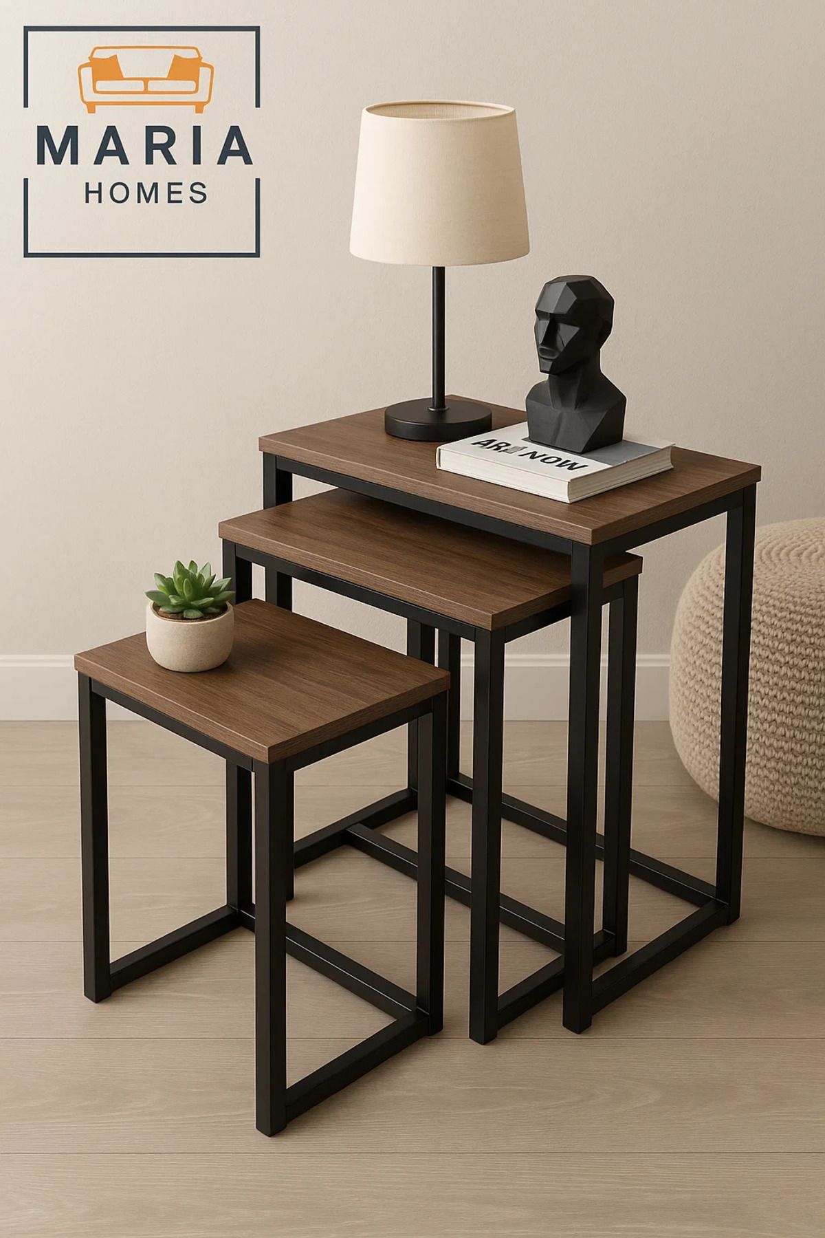 MARIA HOMES-Set of 3 Rectangular Nesting Tables with Wood Tops and Black Frames 4