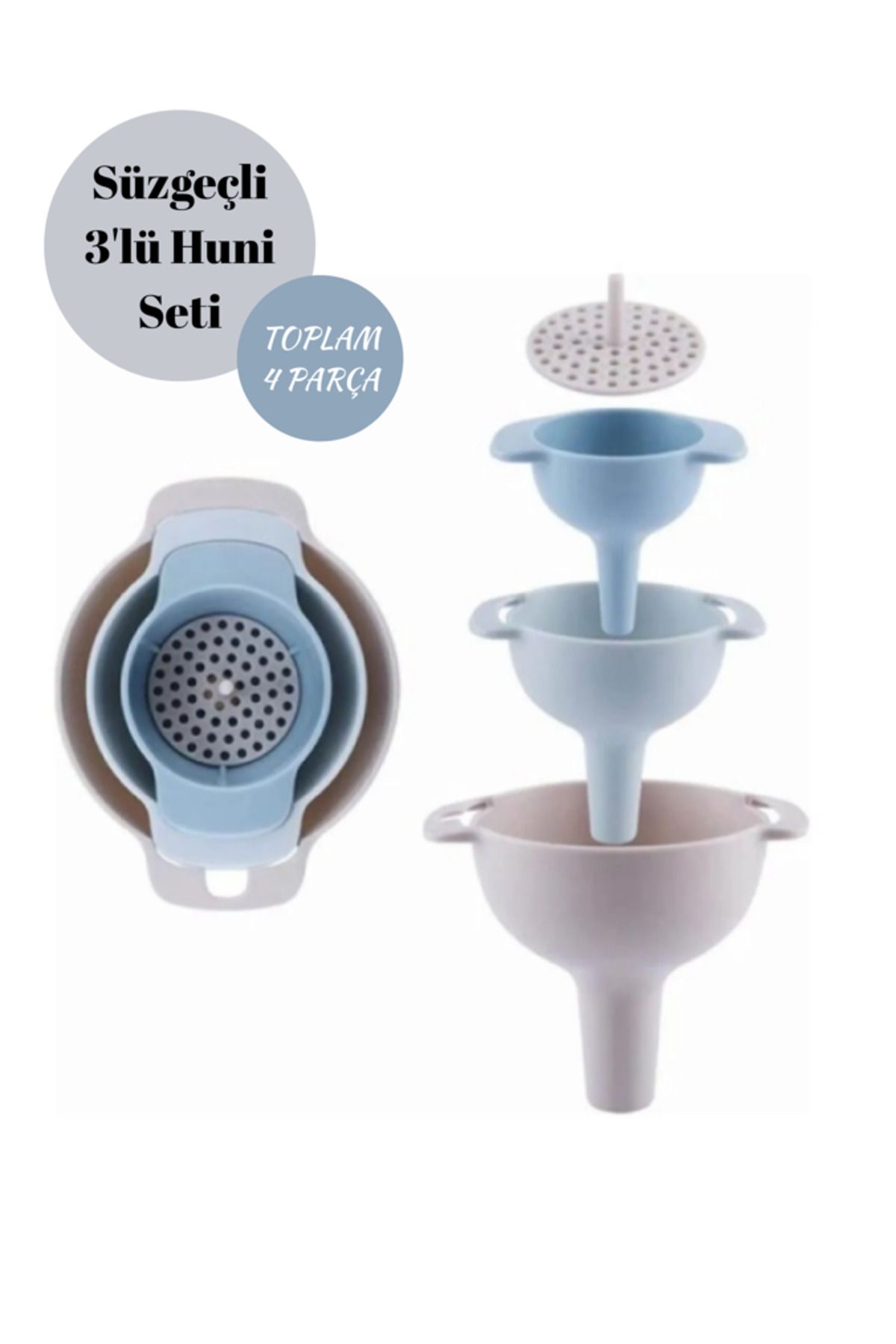 Hilamingo Home Süzgeçli 3 Boy Farklı Boylarda Huni Seti (Toplam 4 Parça)
