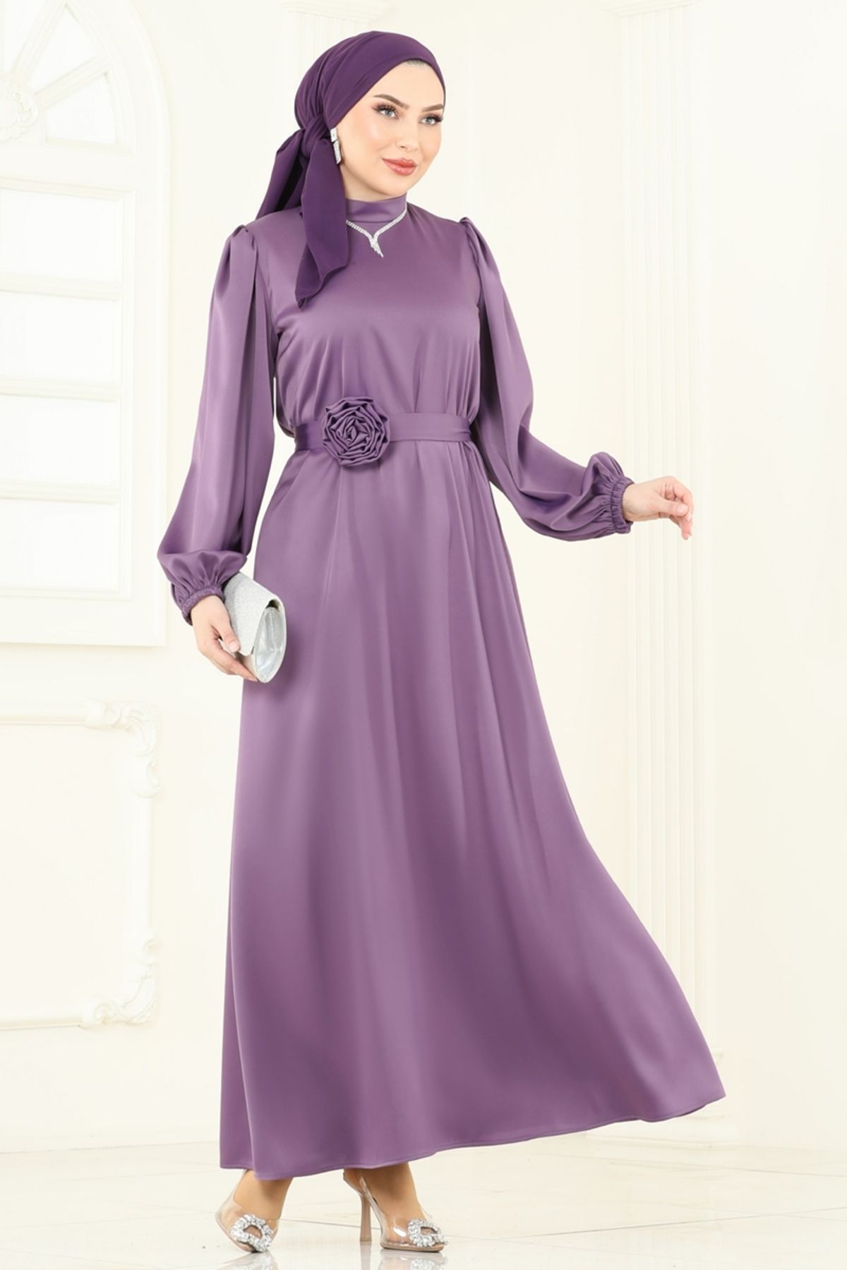 Modaselvim Kemeri Güllü Saten Abiye 5674EDF311 Koyu Lila