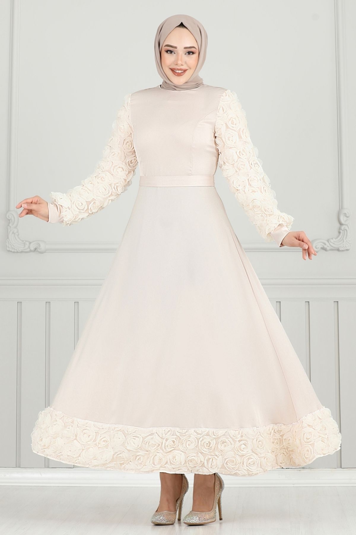 Modaselvim Gül Detay Saten Abiye 5679EDF311 Taş