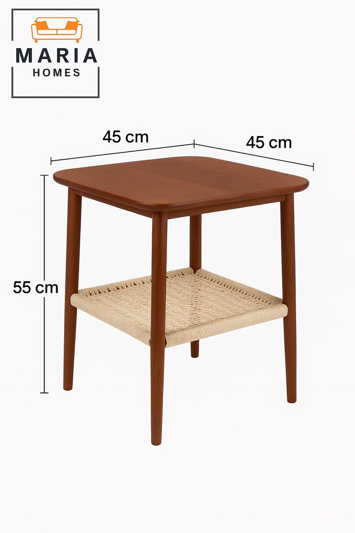 MARIA HOMES-Retro Square Side Table with Woven Rattan Shelf and Wood Frame 5