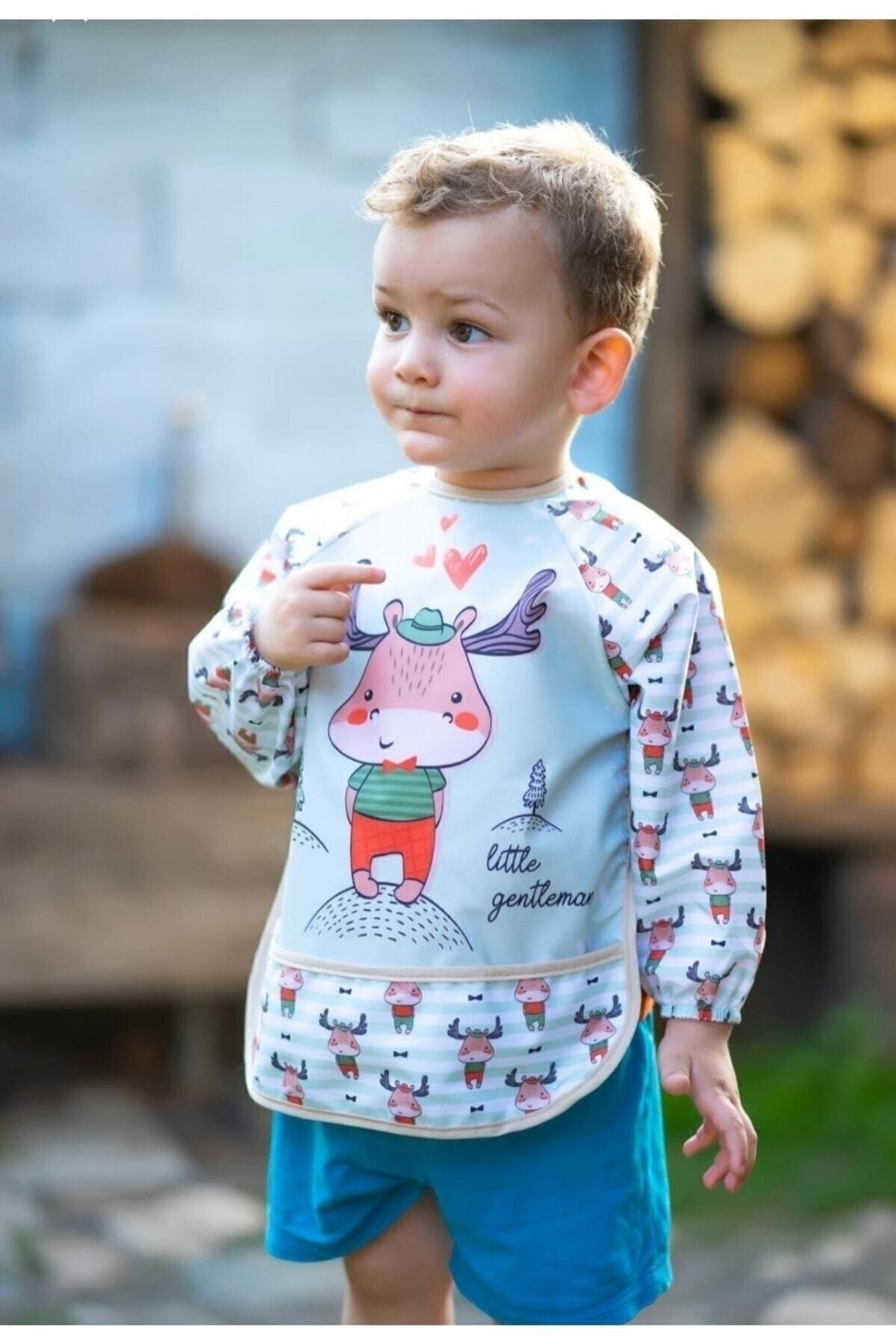 UmBaby Uzun Kollu Sıvı Geçirmez Mama Önlüğü Geyik Ve Zürafa Desenli 2 Parça fotoğrafı 2 (önizleme)