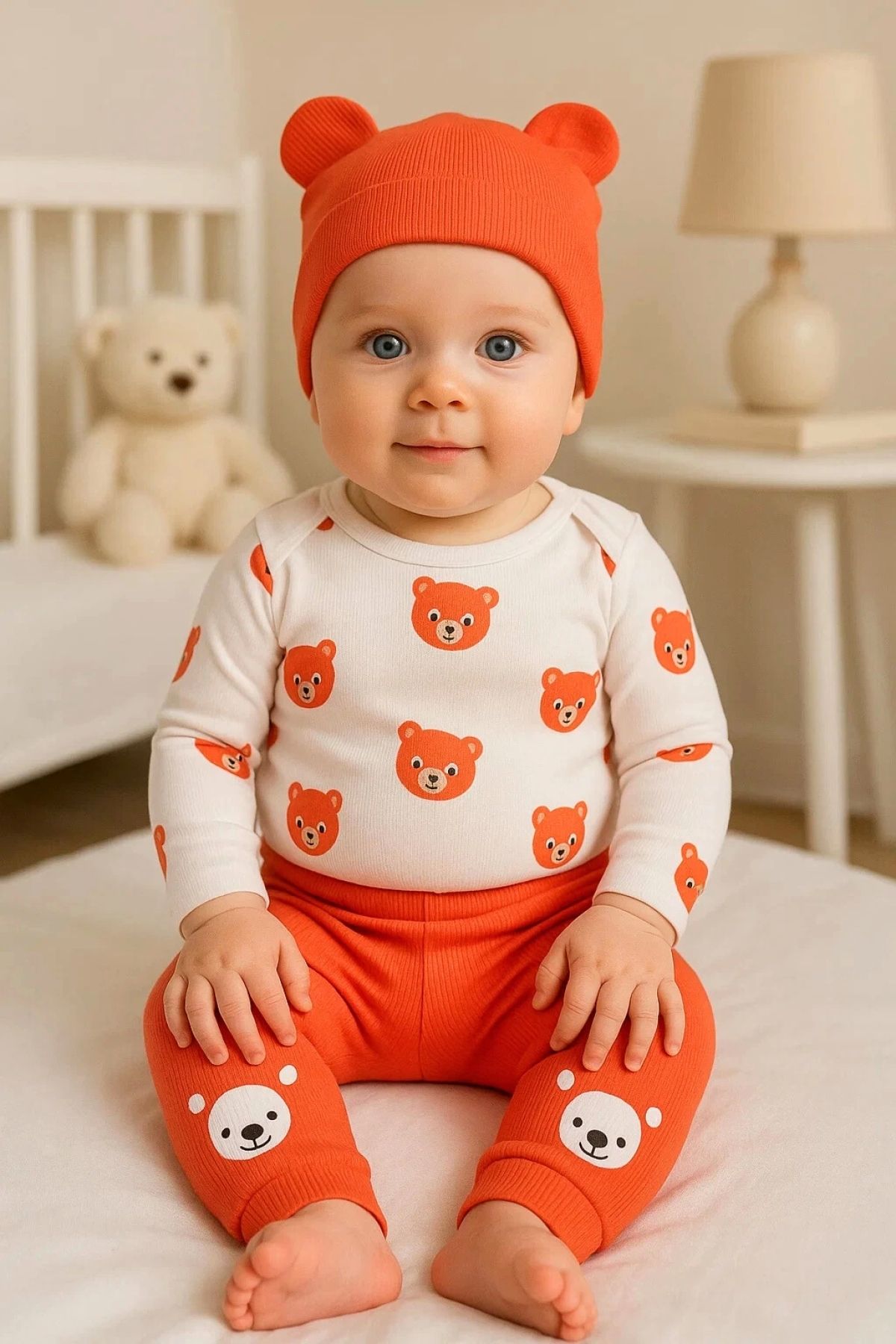 Babydonat Kulaklı Ayıcık % 100 Pamuk 3'lü Erkek Bebek Takım