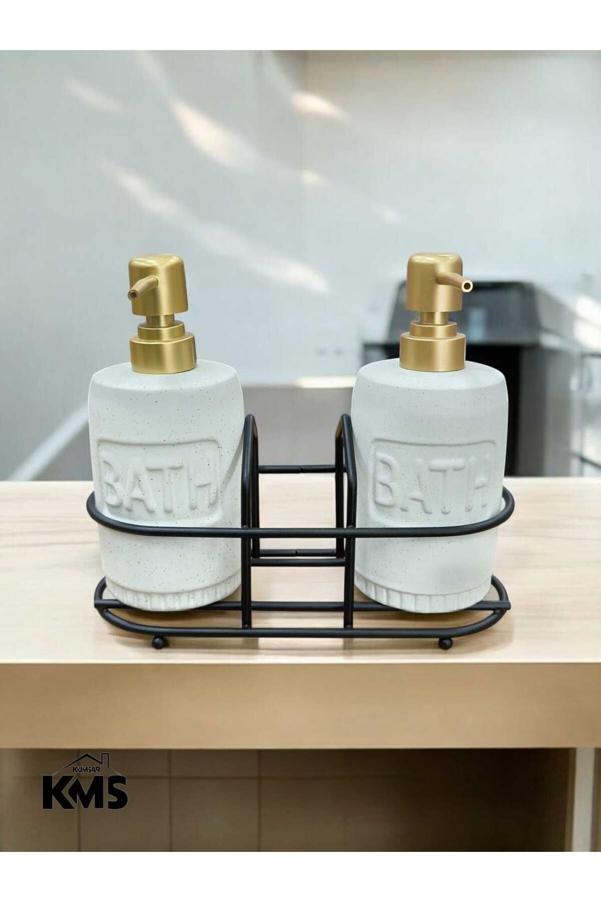 KMS Kumsar Metal standlı 2'li porselen sıvı sabunluk