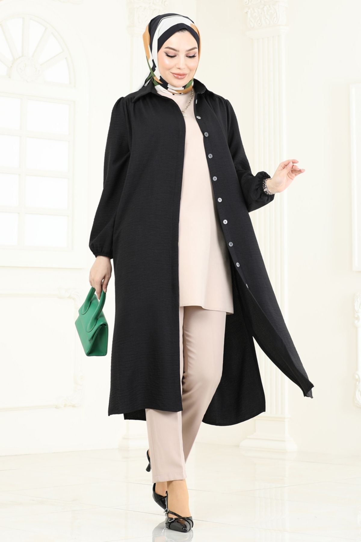 Modaselvim Gömlek Yaka Keten Tunik 6174BSK463 Siyah