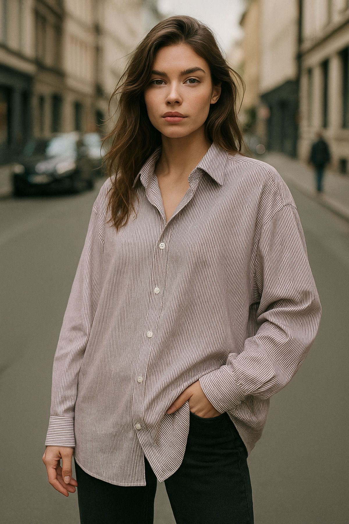 Rich Kadın Bordo Çizgili Beyaz Oversize Gömlek Over Fit Relaxed Gömlek