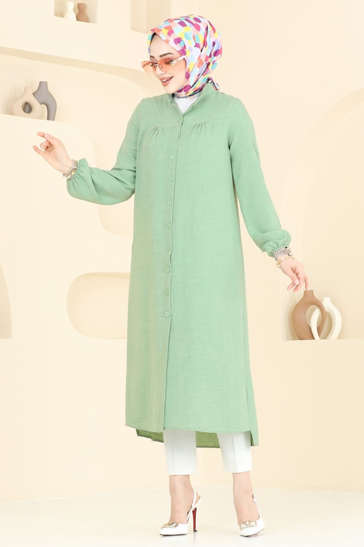 Modaselvim Önden Düğmeli Keten Tunik 6170BSK463 Çağla