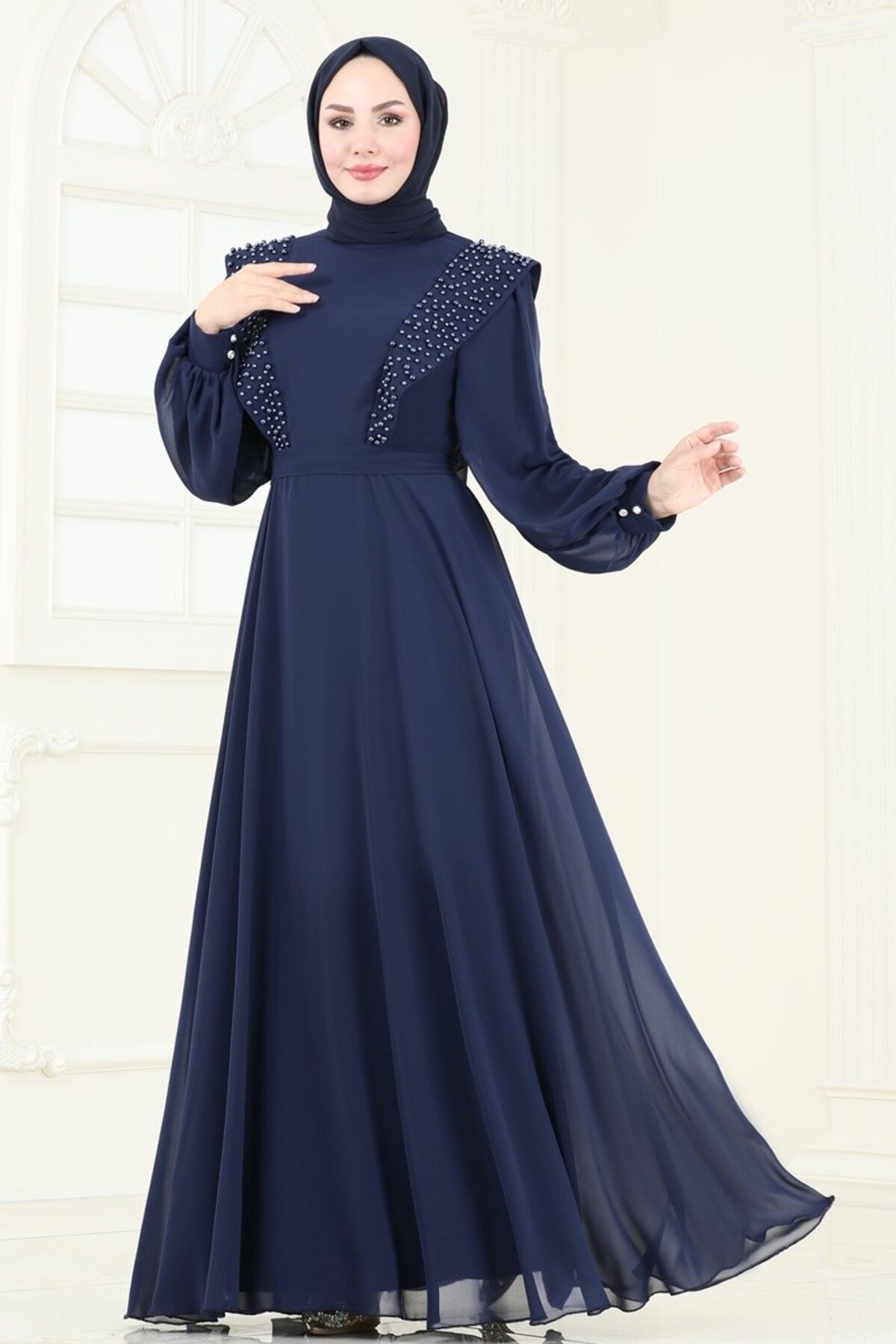 Modaselvim İnci Detay Şifon Abiye 7007AB368 Laci