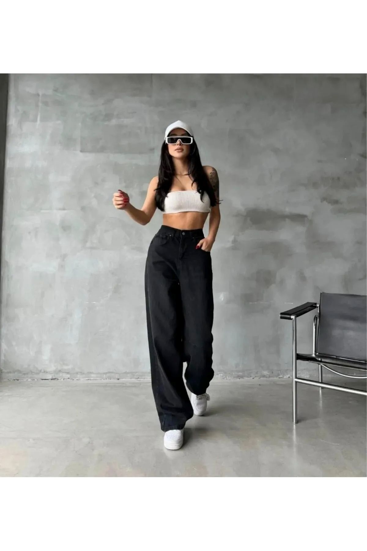 FABİRE WEAR Siyah Toka Detaylı Rahat Jean Kot Salaş Kadın Pantolon
