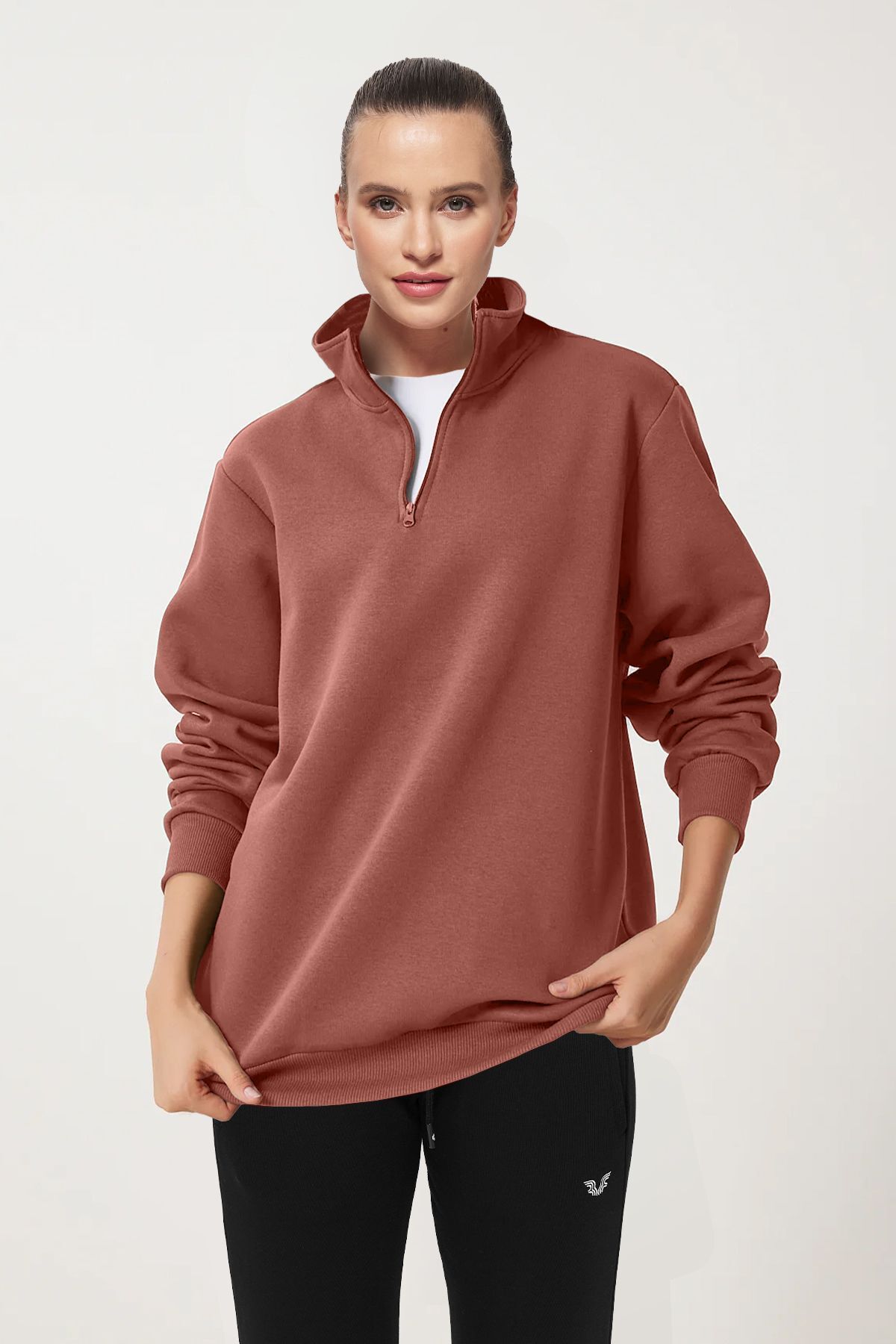 aradimtaradim Peak Kadın Toprak Oversize Fermuarlı Yaka Sweatshirt 7012