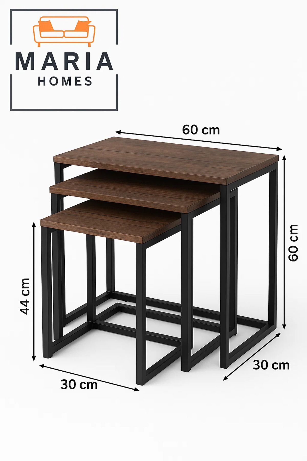 MARIA HOMES-Set of 3 Rectangular Nesting Tables with Wood Tops and Black Frames 5