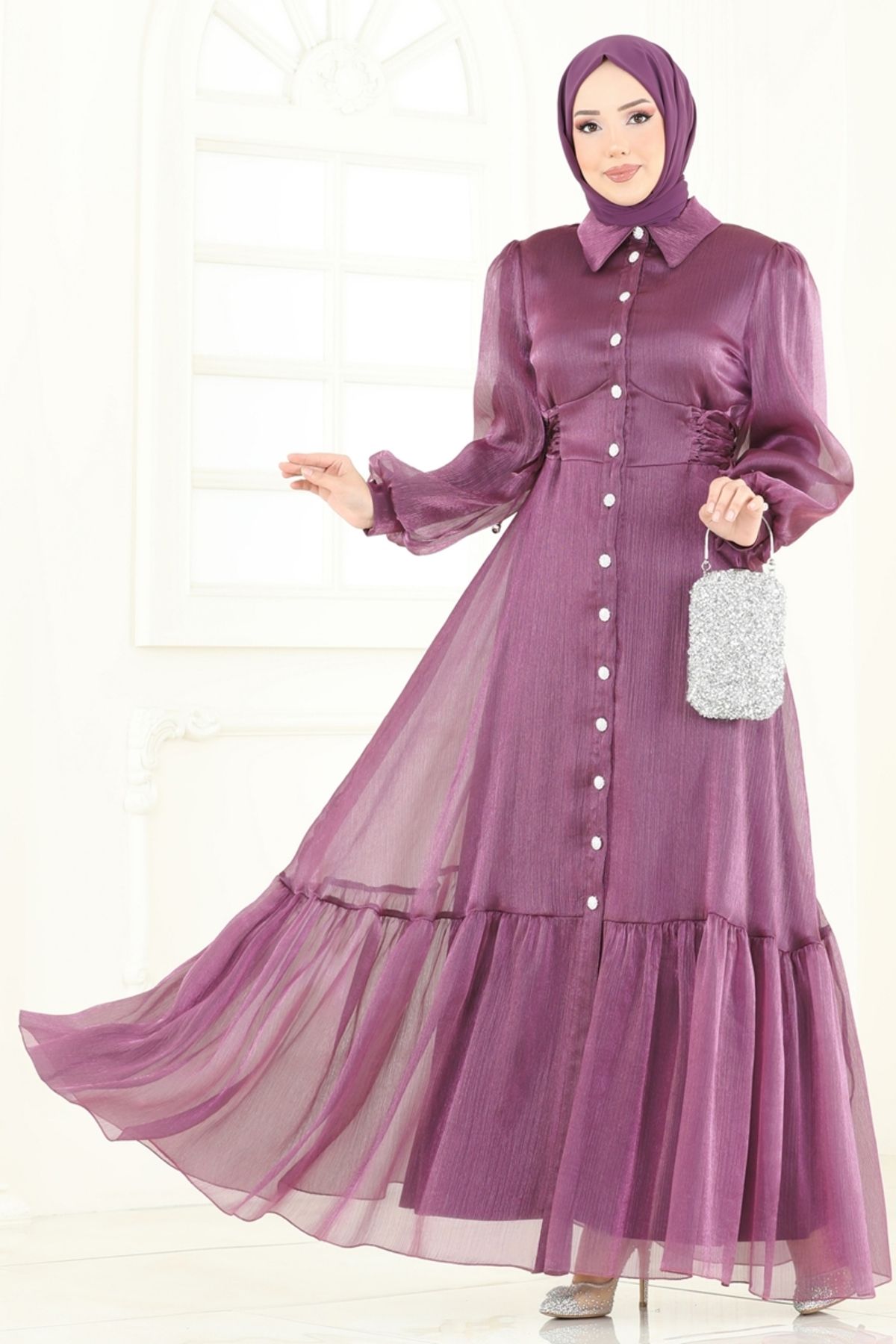 Modaselvim Beli Bağcıklı Abiye Elbise 8038AB368 Koyu Lila