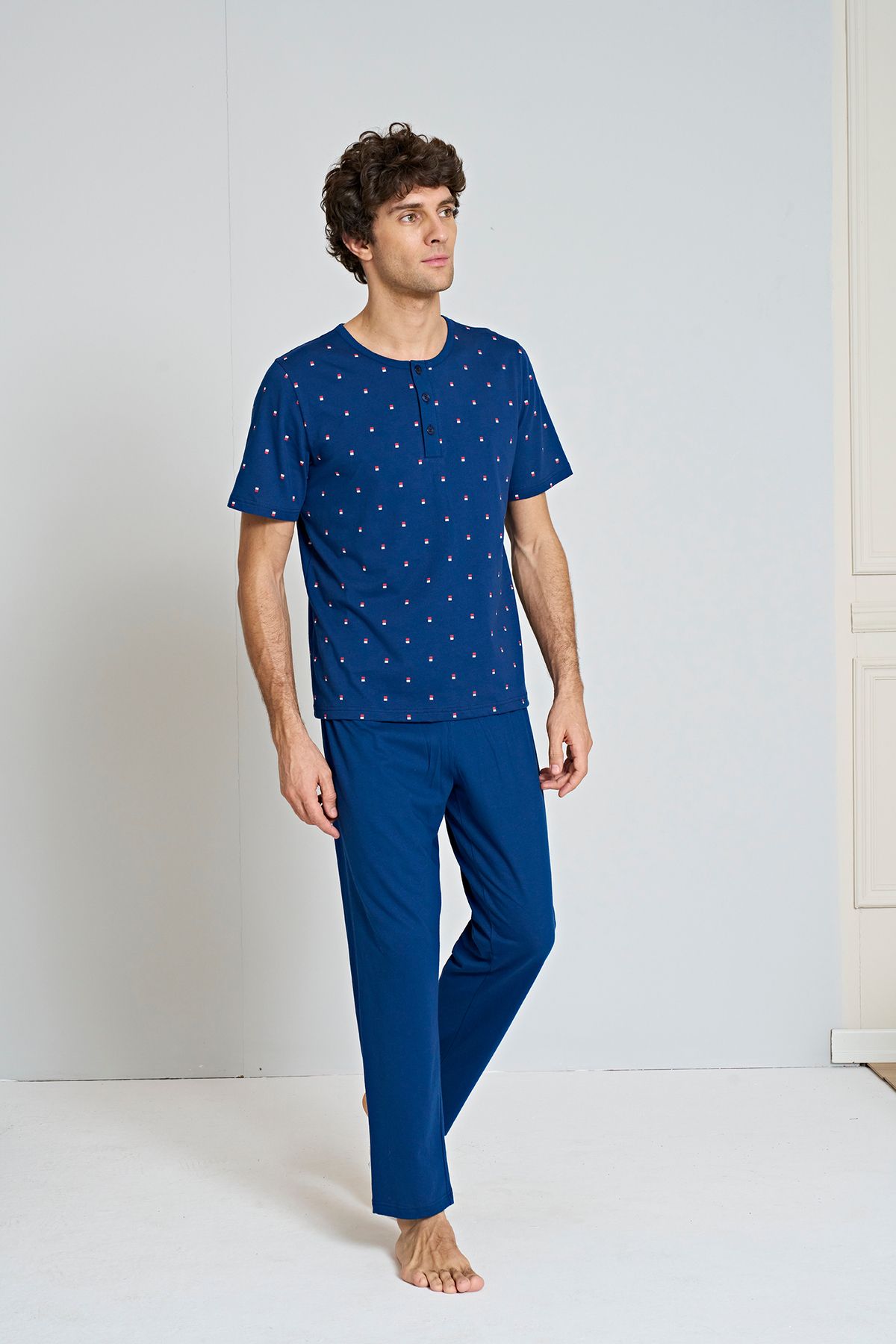 Pijadore Erkek Bisiklet Yaka Kısa Kol Desenli Pijama Takımı