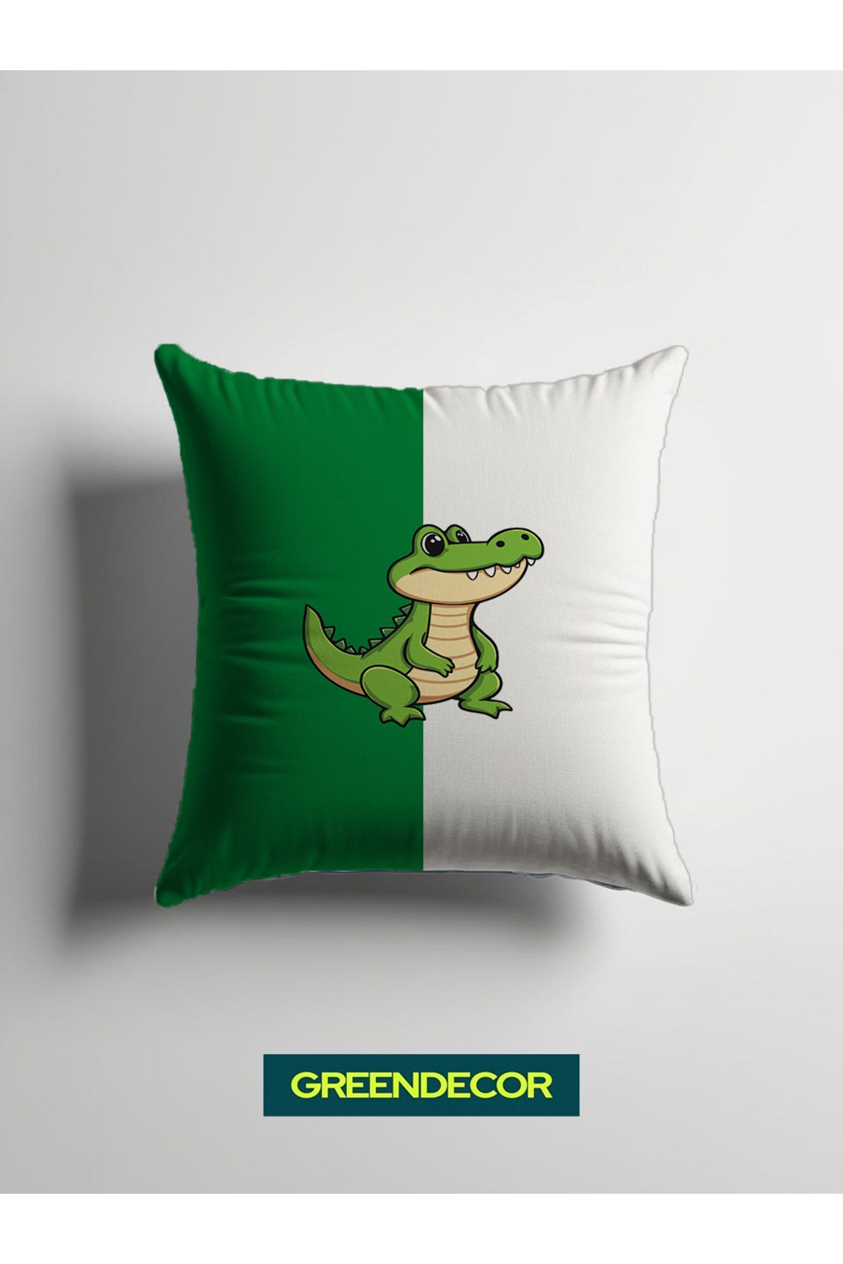 GREENDECOR Yeşil Beyaz Timsah Özel Tasarım Desenli Kırlent Dijital Baskılı (İçi dolu) Çocuk Odası Fermuarsız