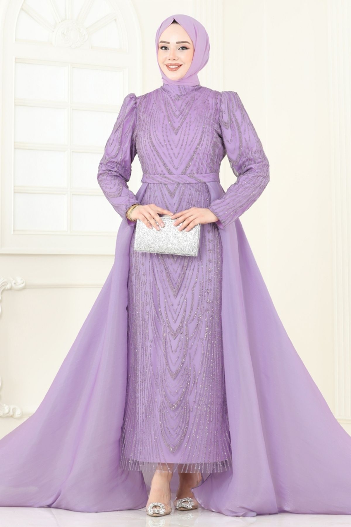 Modaselvim Pelerinli Simli Abiye 6632YG95 Lila