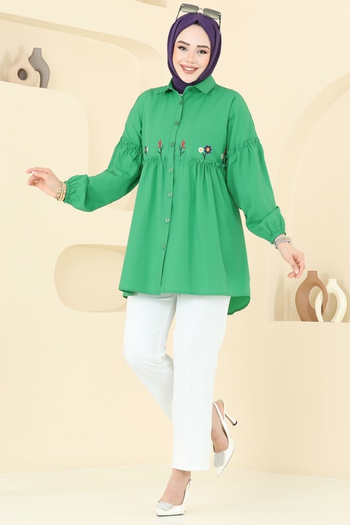 Modaselvim Nakış İşlemeli Tunik 4060ASN888 Benetton Yeşili