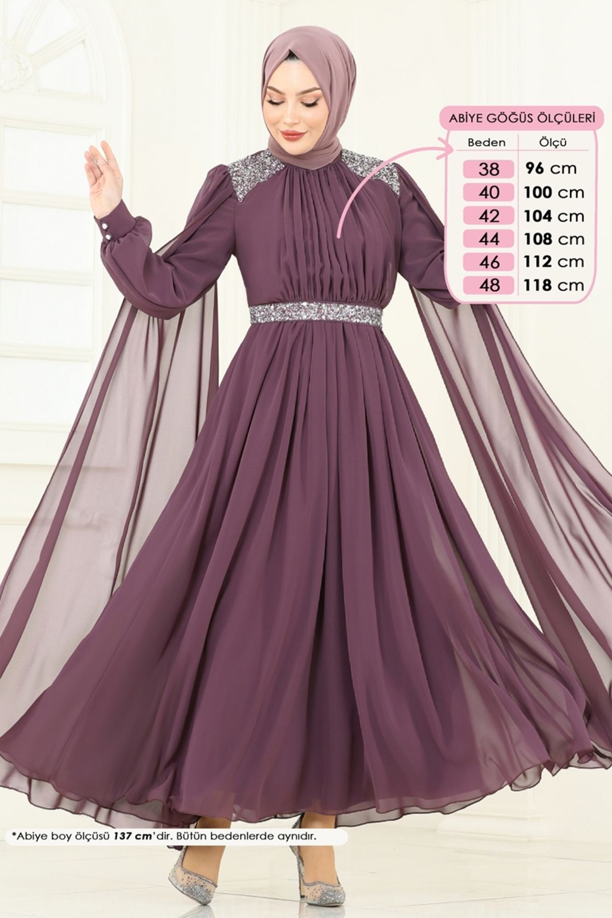 Modaselvim Pelerinli Şifon Abiye 7101AB368 Koyu Lila