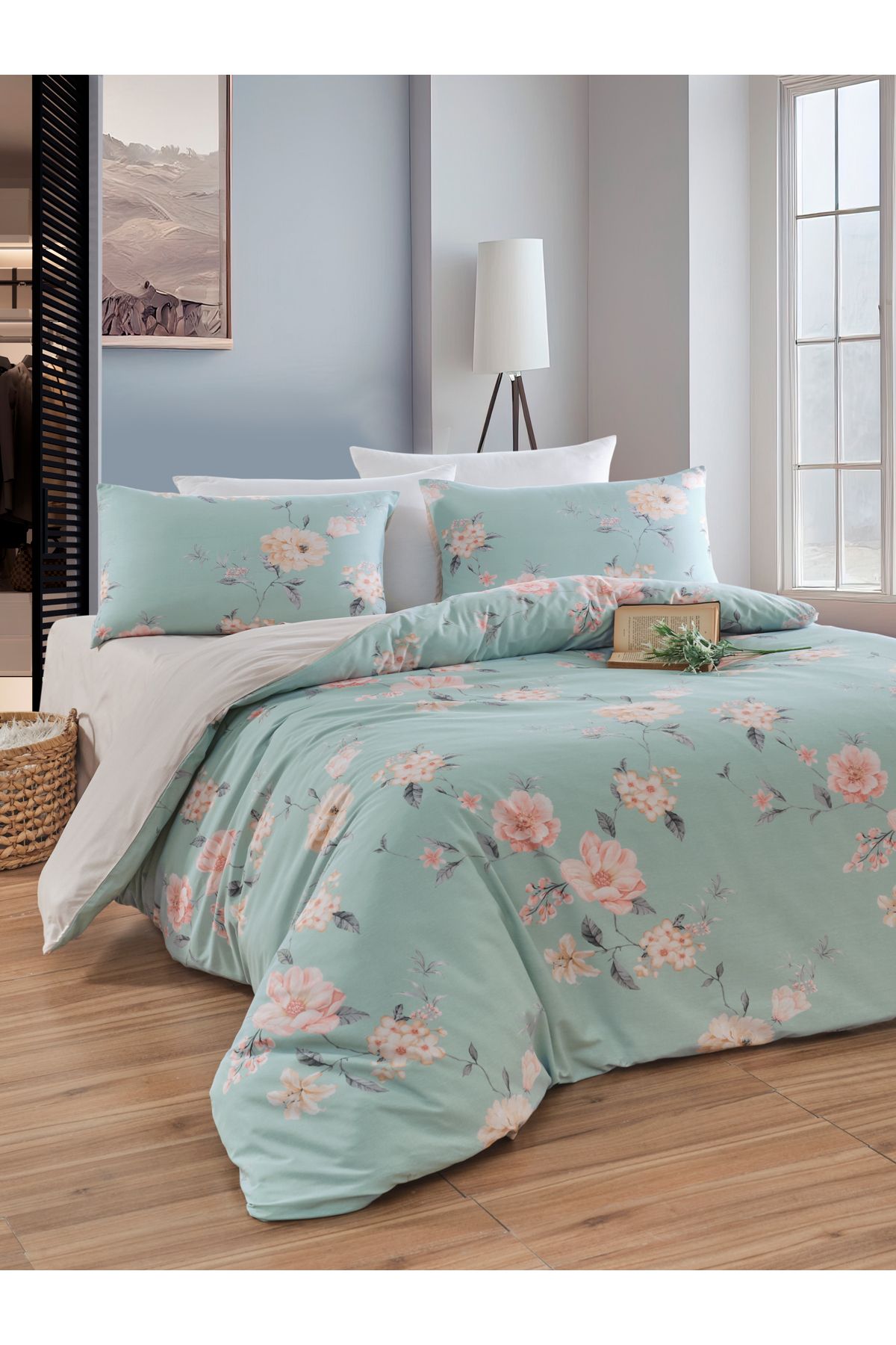 Eponj Home Çift Kişilik Pamuklu Nevresim Takımı 4 Parça – Lucia Desen – Mint / Yumuşak Dokulu