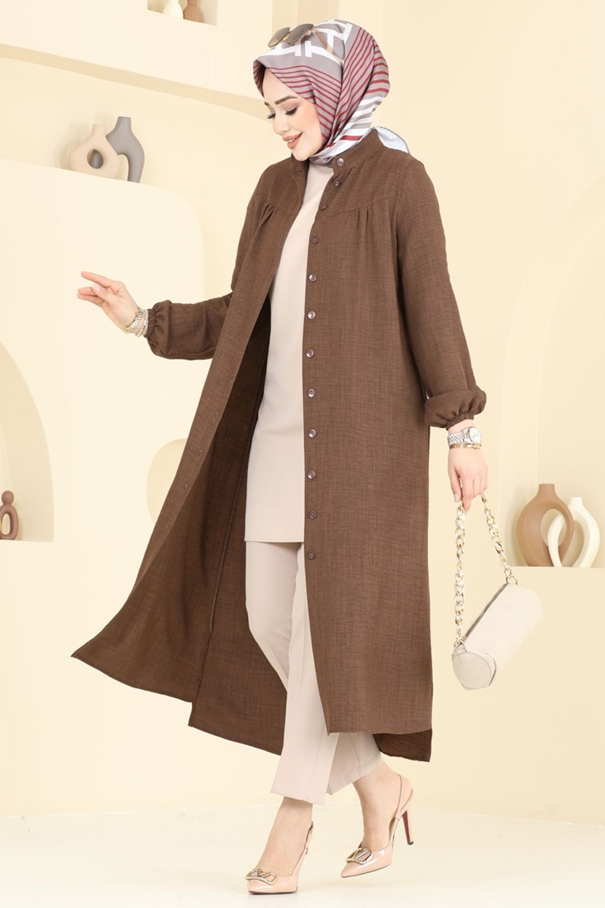 Modaselvim Önden Düğmeli Keten Tunik 6170BSK463 Kahve