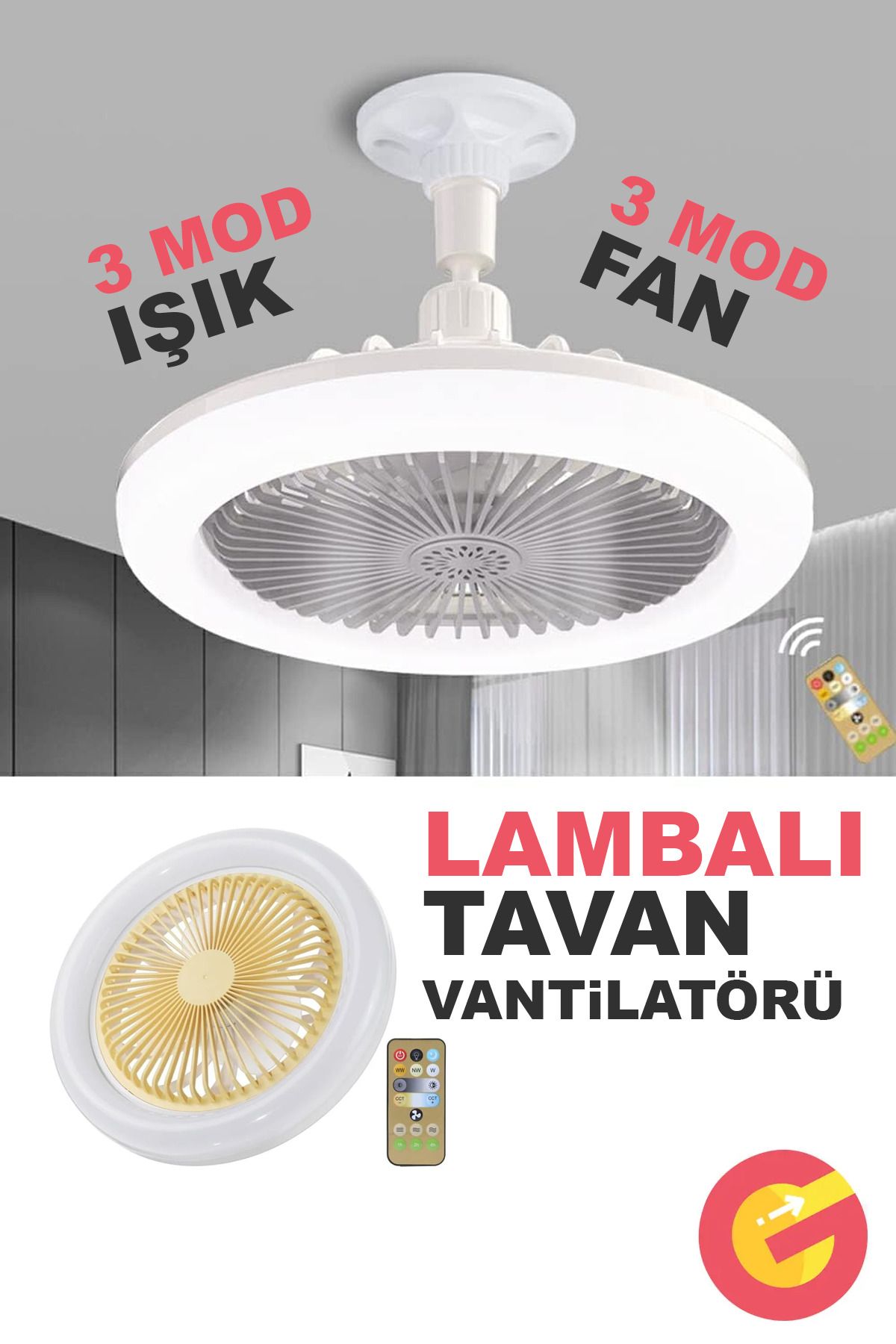 ShopMonkey Kumandalı 3 Mod Işık Rengi ve Fanlı Zaman Ayarlı Lambalı Tavan Vantilatörü E27 Duy Duya Takılabilen